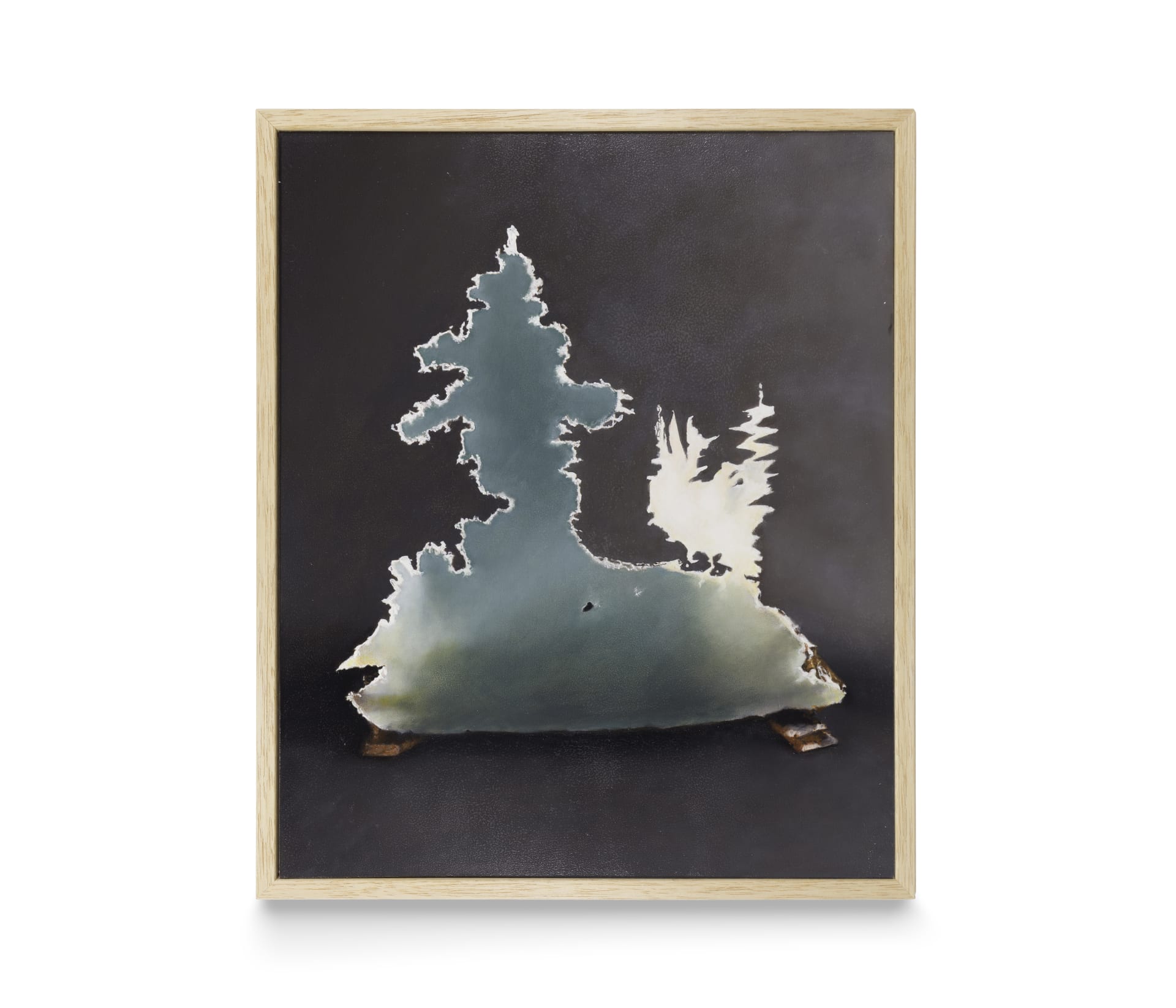 a painting of a two dimensional jagged shard of metal, propped up on a dark background