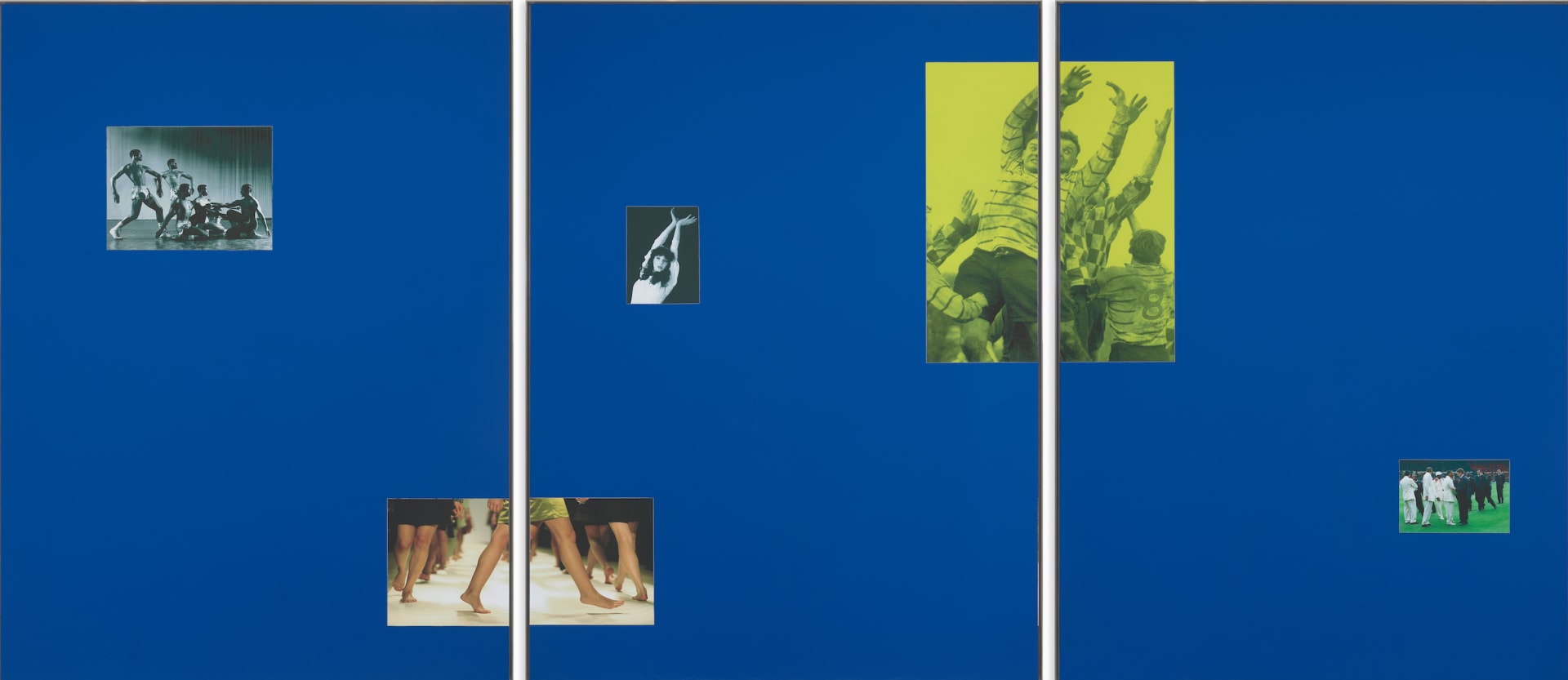 A detail of a work by Simeon Barclay of photographs collaged onto a blue background
