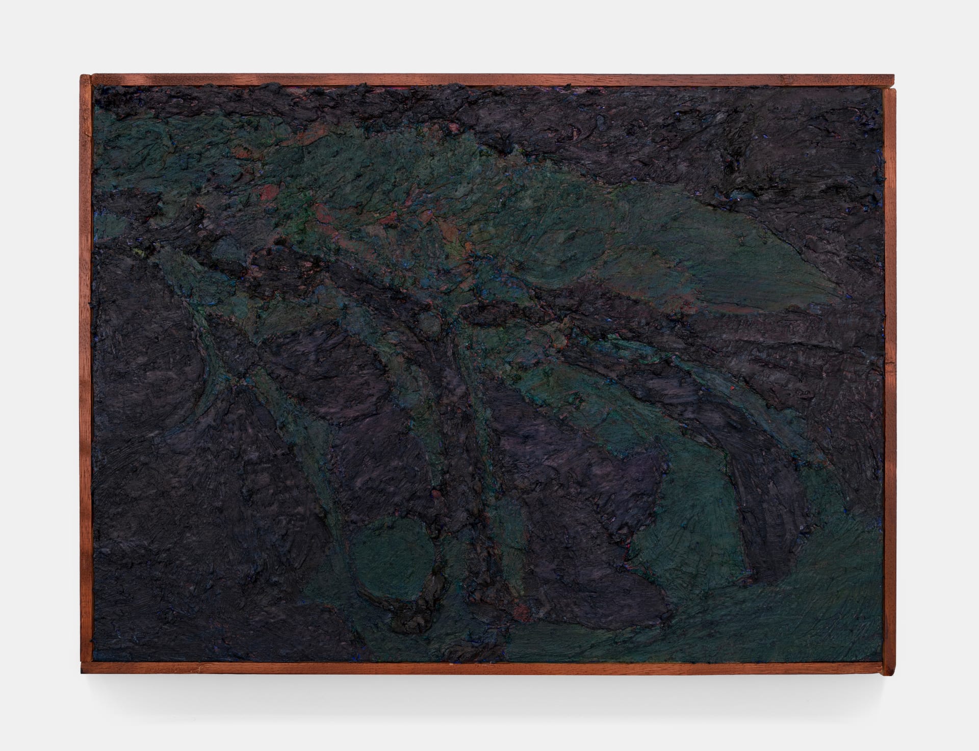 A dark blue, green and brown thick impasto painting by James Collins in a dark wood frame