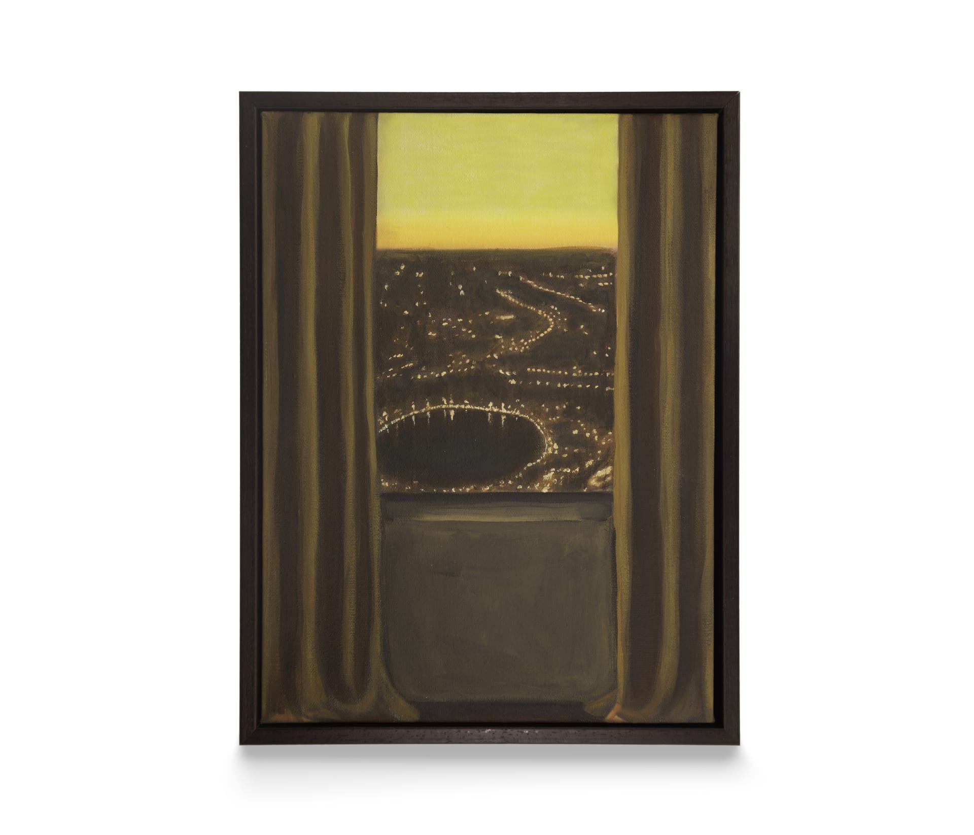 A painting by Maria Meyer of a city landscape at dusk through a curtained hotel window
