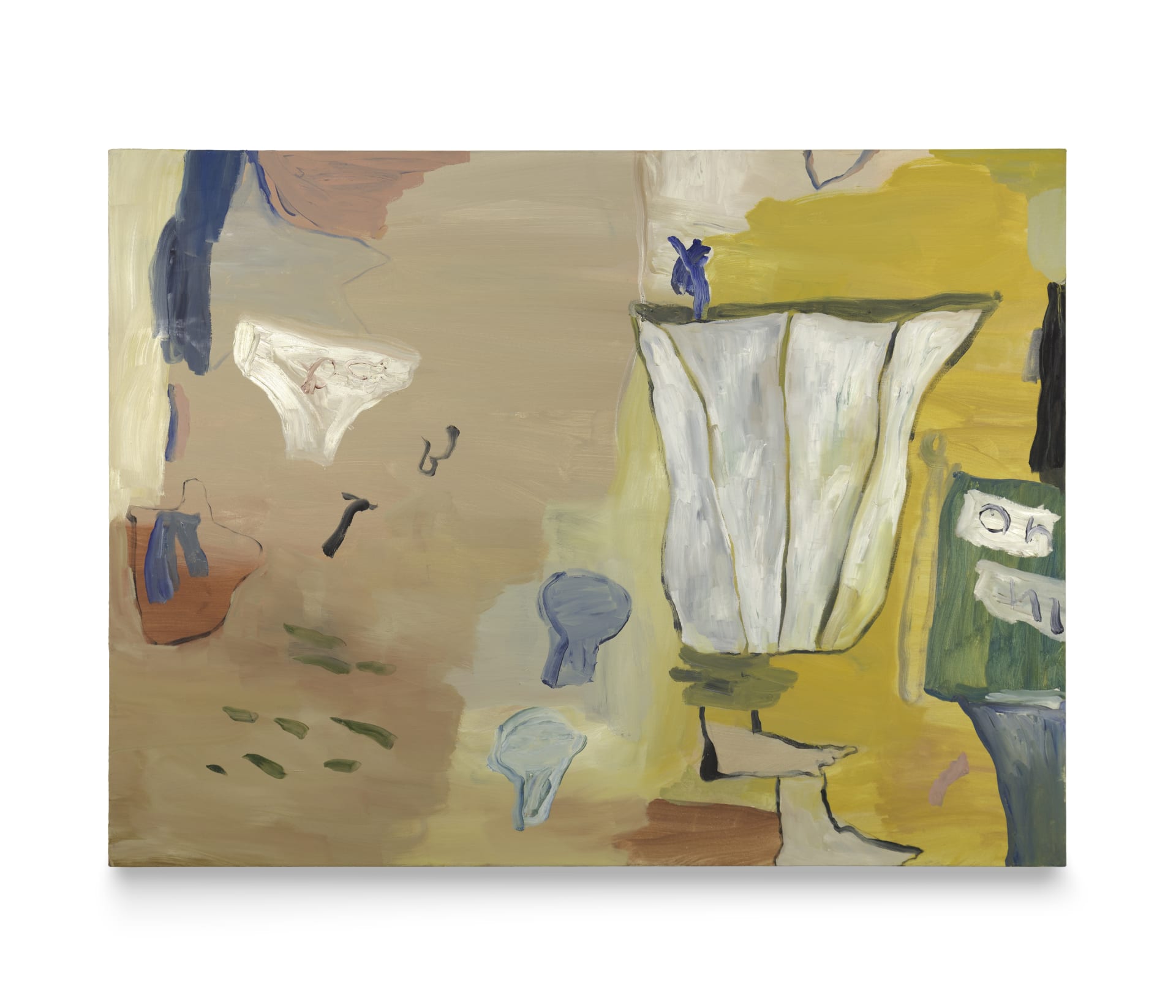 An abstract painting with gestural marks in pink, yellow and beige