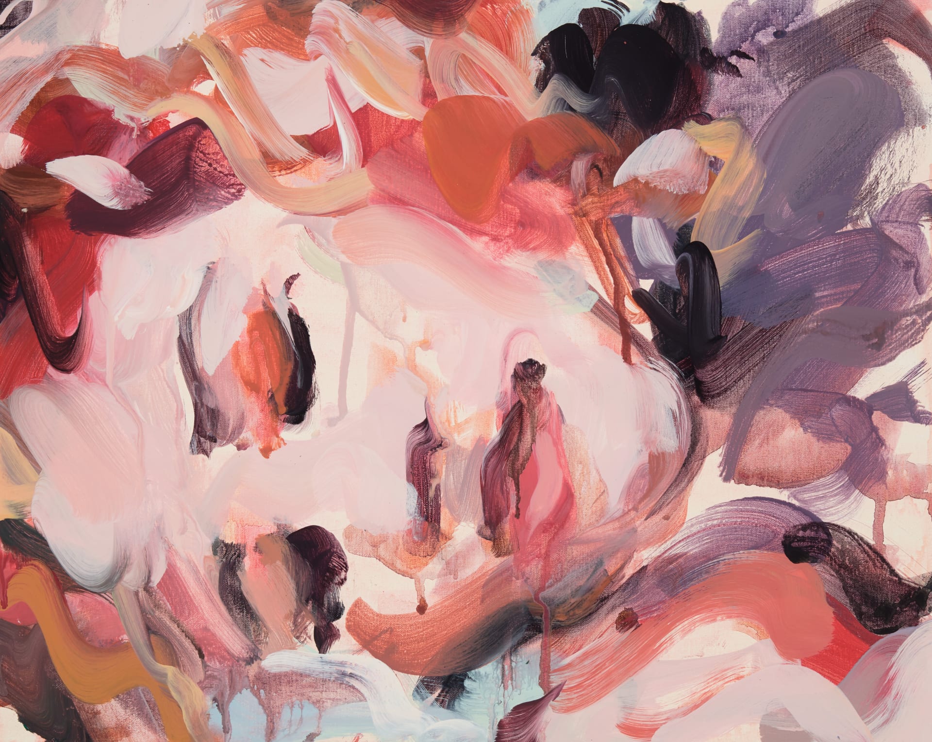 A crop of a painting by Laura Lancaster - a close crop painterly image of a sleeping woman in red hues.