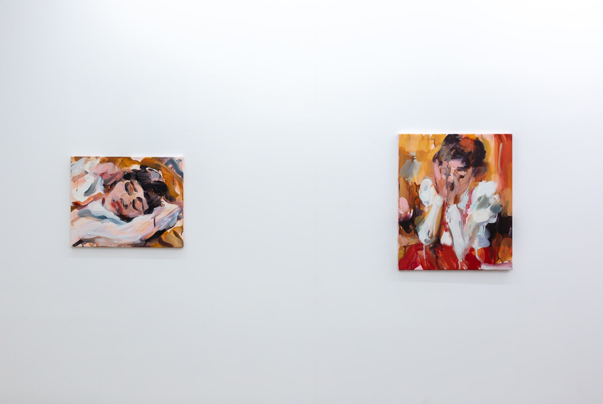 Installation shots of Laura Lancaster's solo show at Workplace London. Close up crop paintings of sleeping women and figures in landscapes, loosely painted.