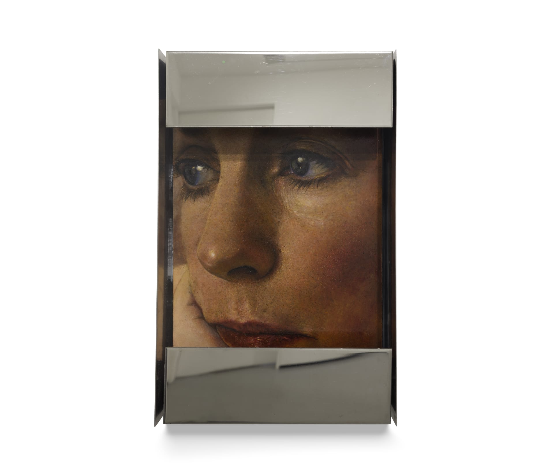 A painting by Ki Yoong of the closeup of a woman's face in a metal frame