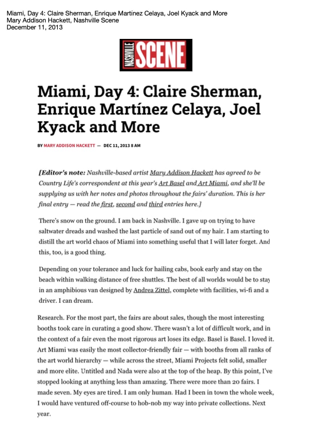 Miami, Day 4: Claire Sherman, Enrique Martínez Celaya, Joel Kyack and More Mary Addison Hackett, Nashville Scene December 11, 2013