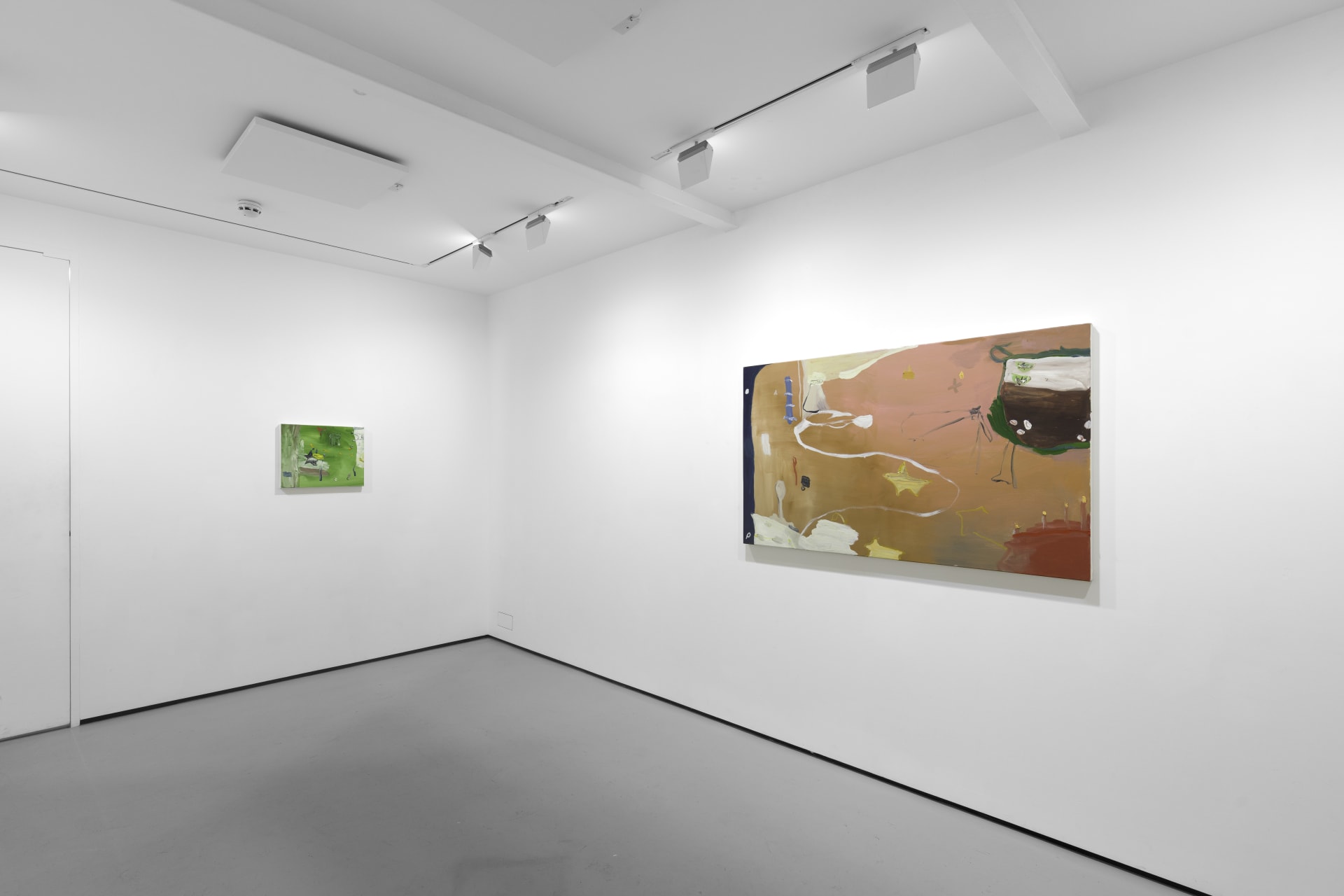 A white walled gallery with 4 artworks by b chehayeb hung on the walls