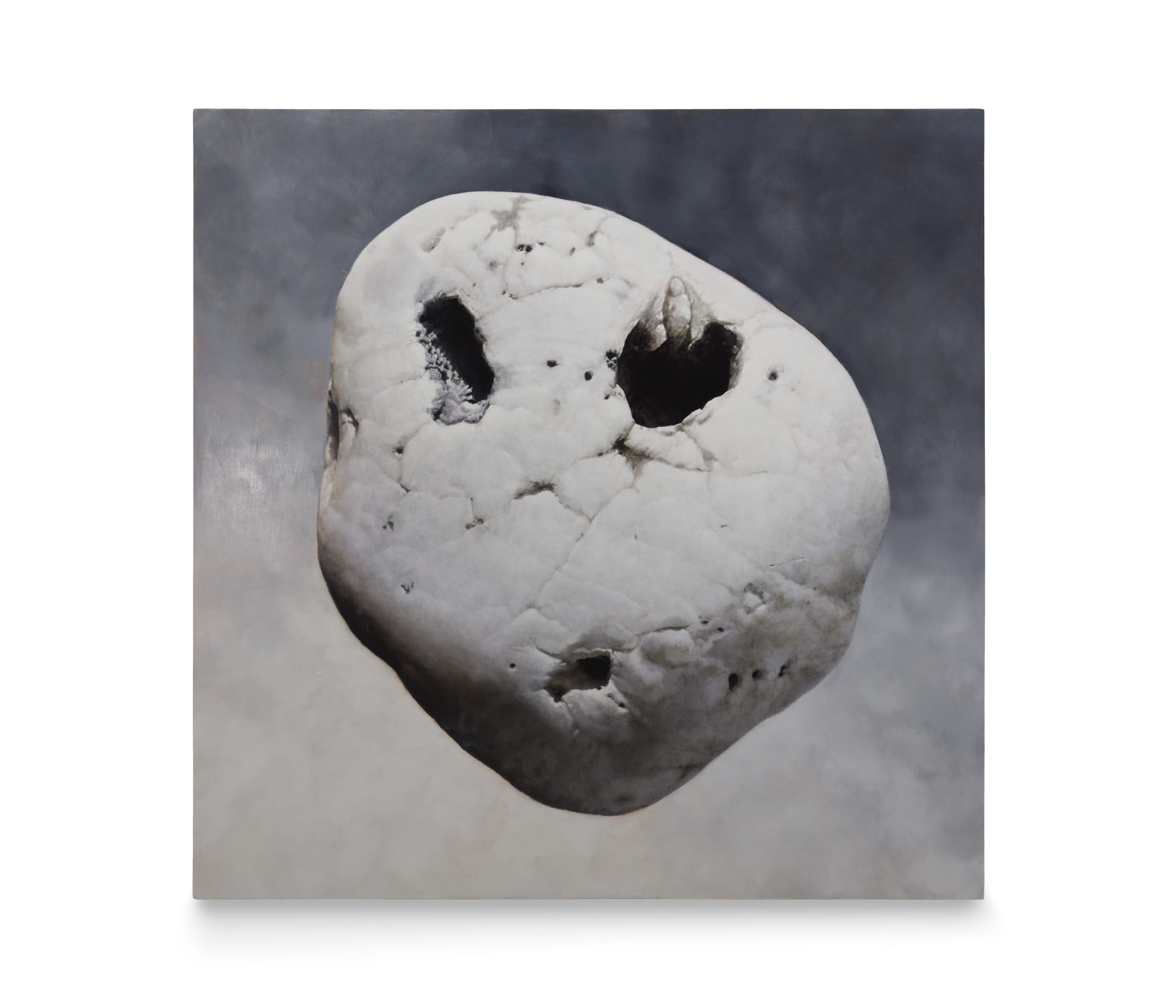 a painting of a stone floating on a grey gradient background, holes in the surface of the rock make a face like an emoji