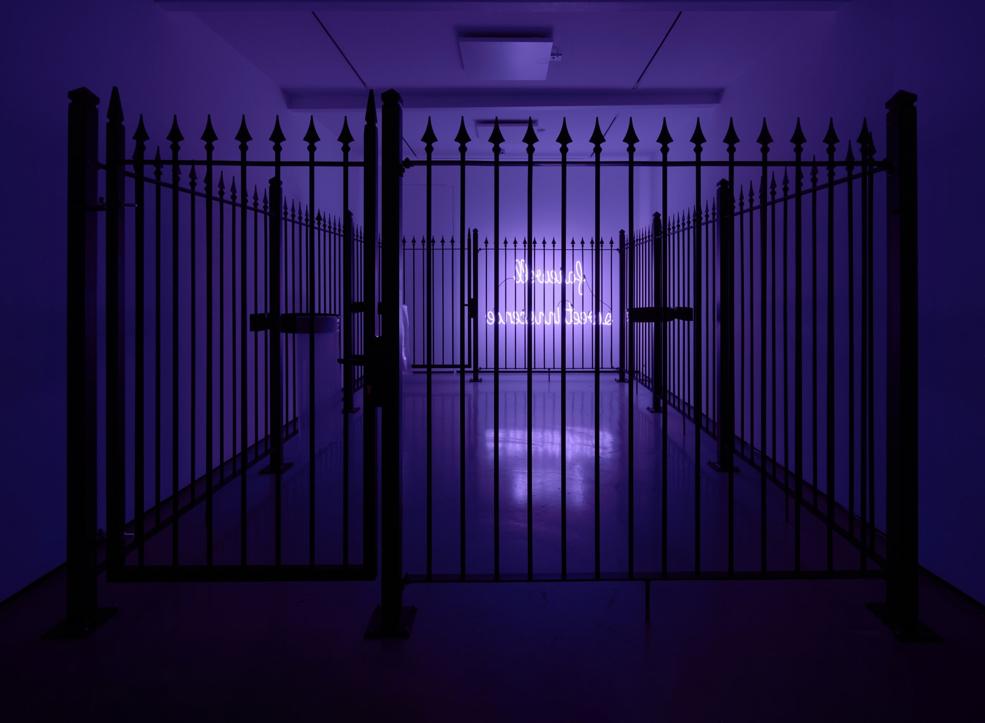 Photographe of  ɘɔnɘɔonni Ɉɘɘwƨ llɘwɘяɒʇ, 2023 by Simeon Barclay, consiting of a Metal fence, neon, plastic, metal bin holders, metal fixings. The black metal railings are lit by the purple glow of the neon text. 