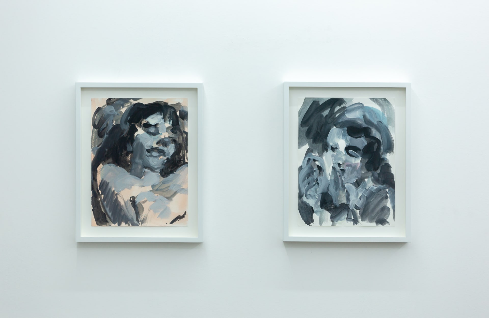 Installation shots of Laura Lancaster's solo show at Workplace London. Close up crop paintings of sleeping women and figures in landscapes, loosely painted.