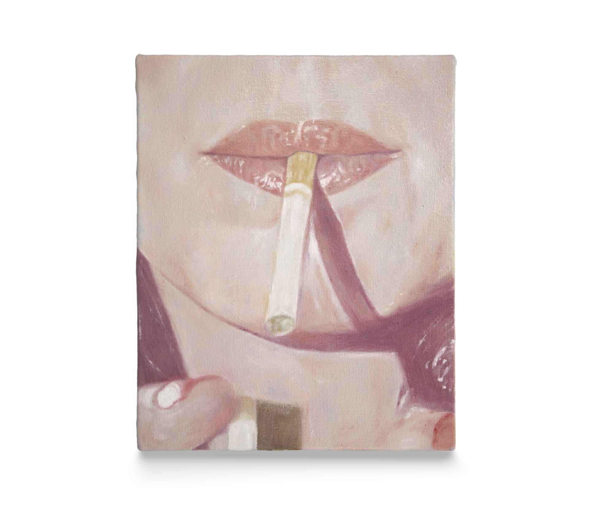 A painting by Xingxin Hu of a close-up of a woman lighting a cigarette in her mouth