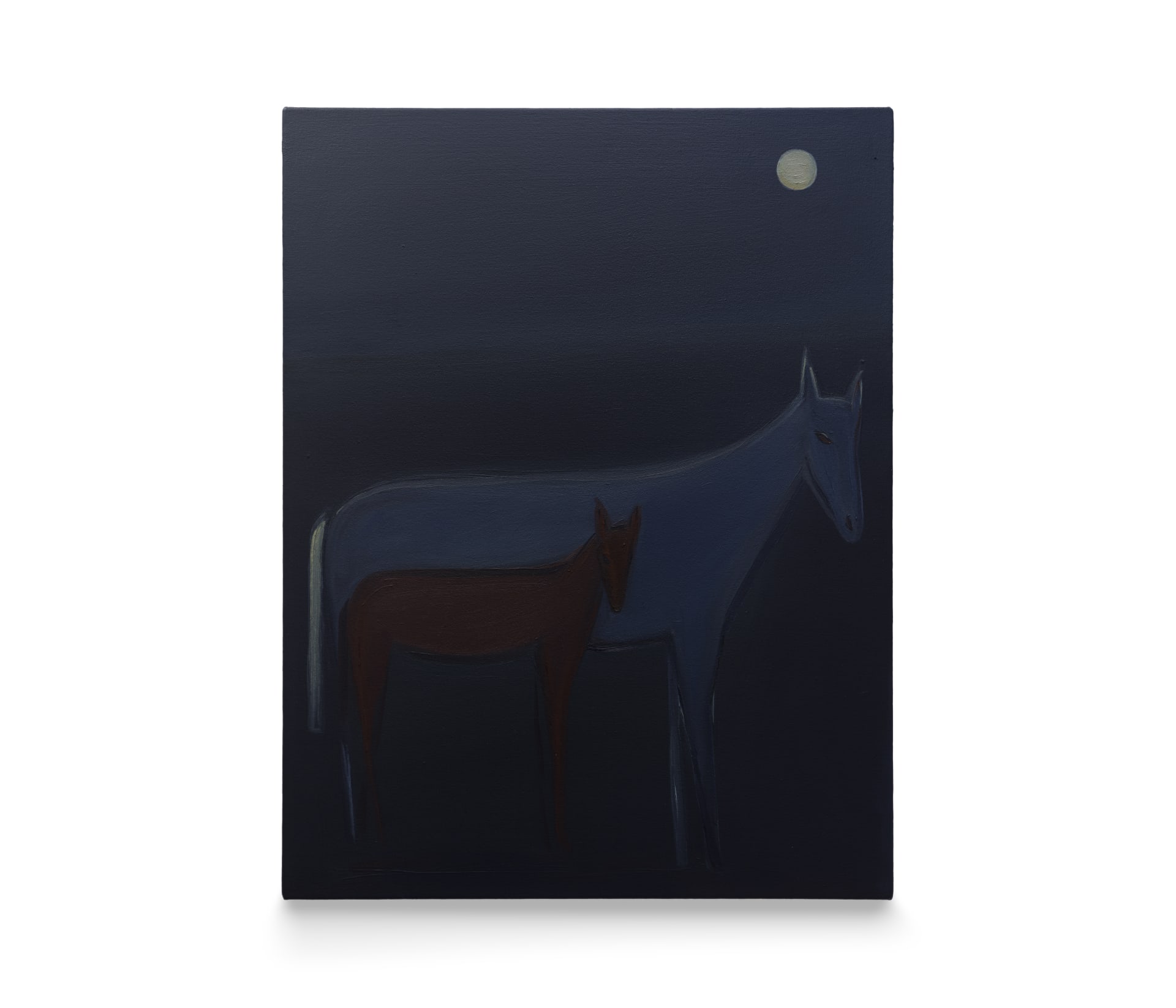 A painting by Eve Ackroyd of two horses standing in a blue landscape