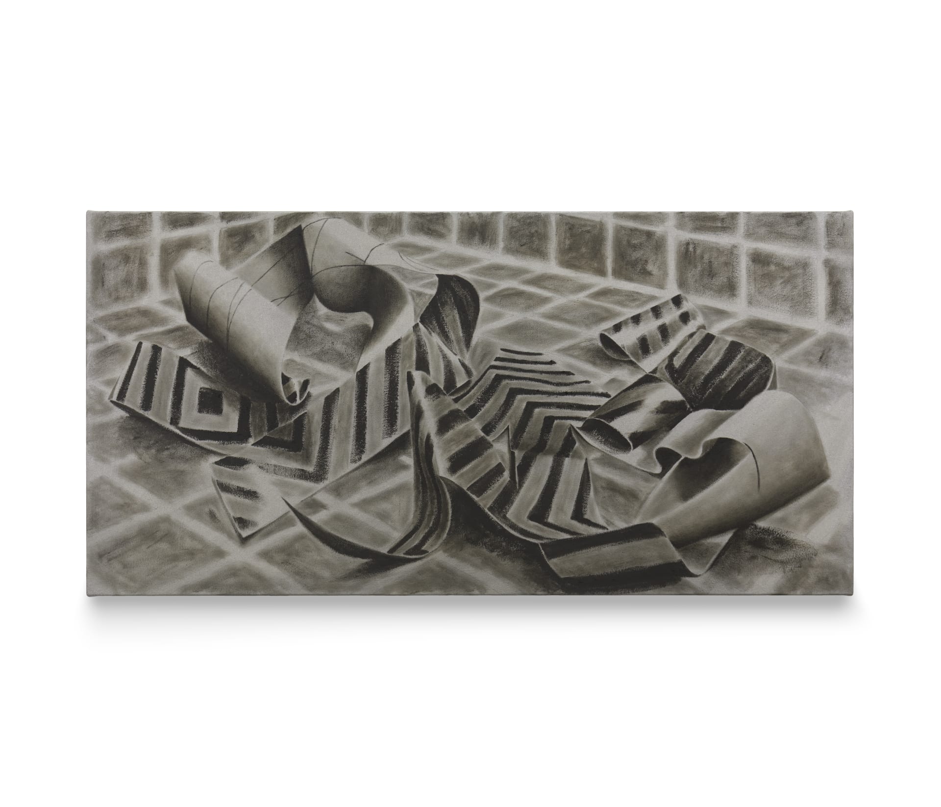 A painting by Jack Otway of a gridded room with a torn up striped artwork in it