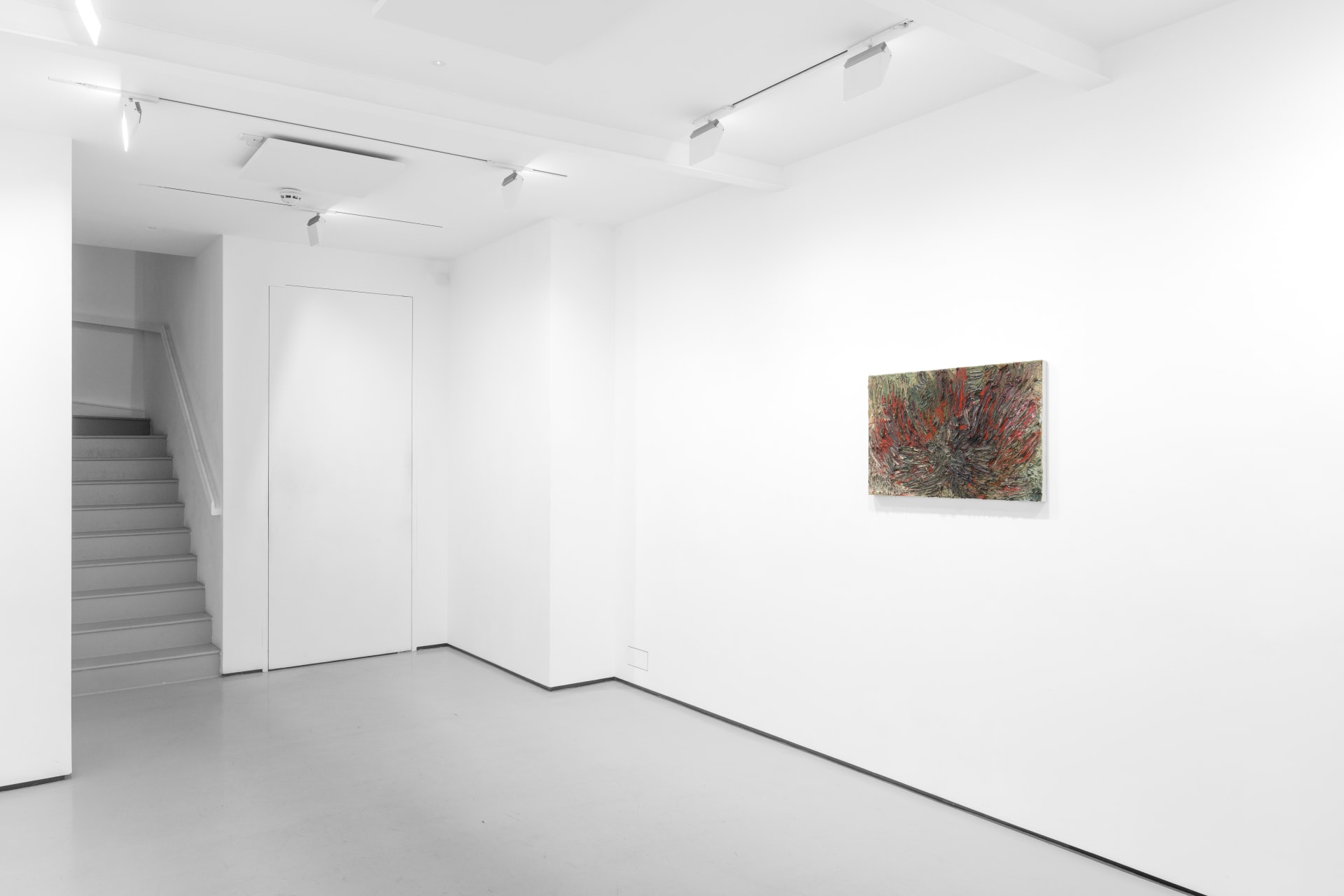 An installation view of James Cabaniuk's solo exhibition with two very large impasto oil paintings on the wall