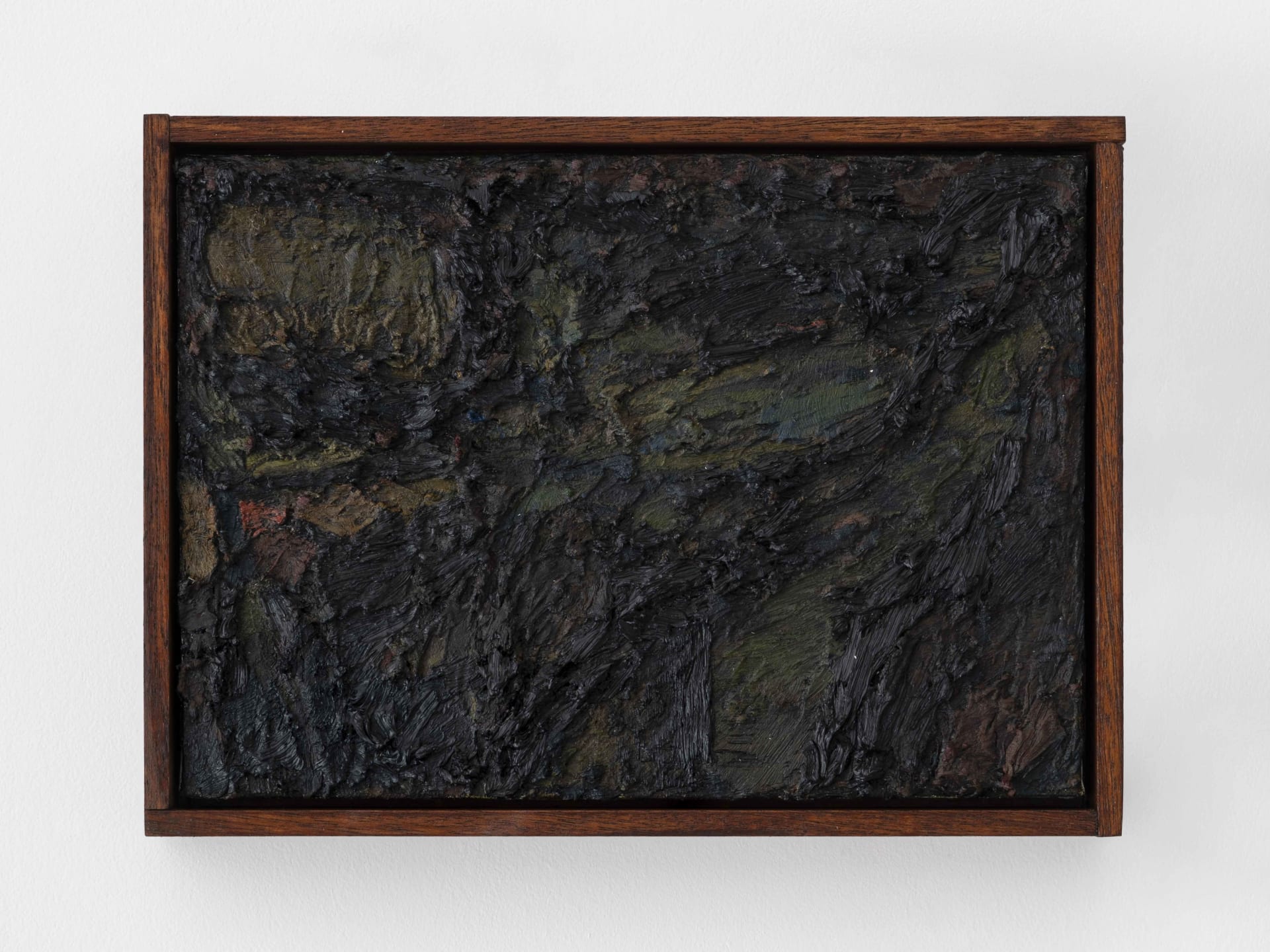 Small acrylic/oil painting by James Collins. Dark green and brown oil paint on canvas, with a textural quality similar to bark from a tree.