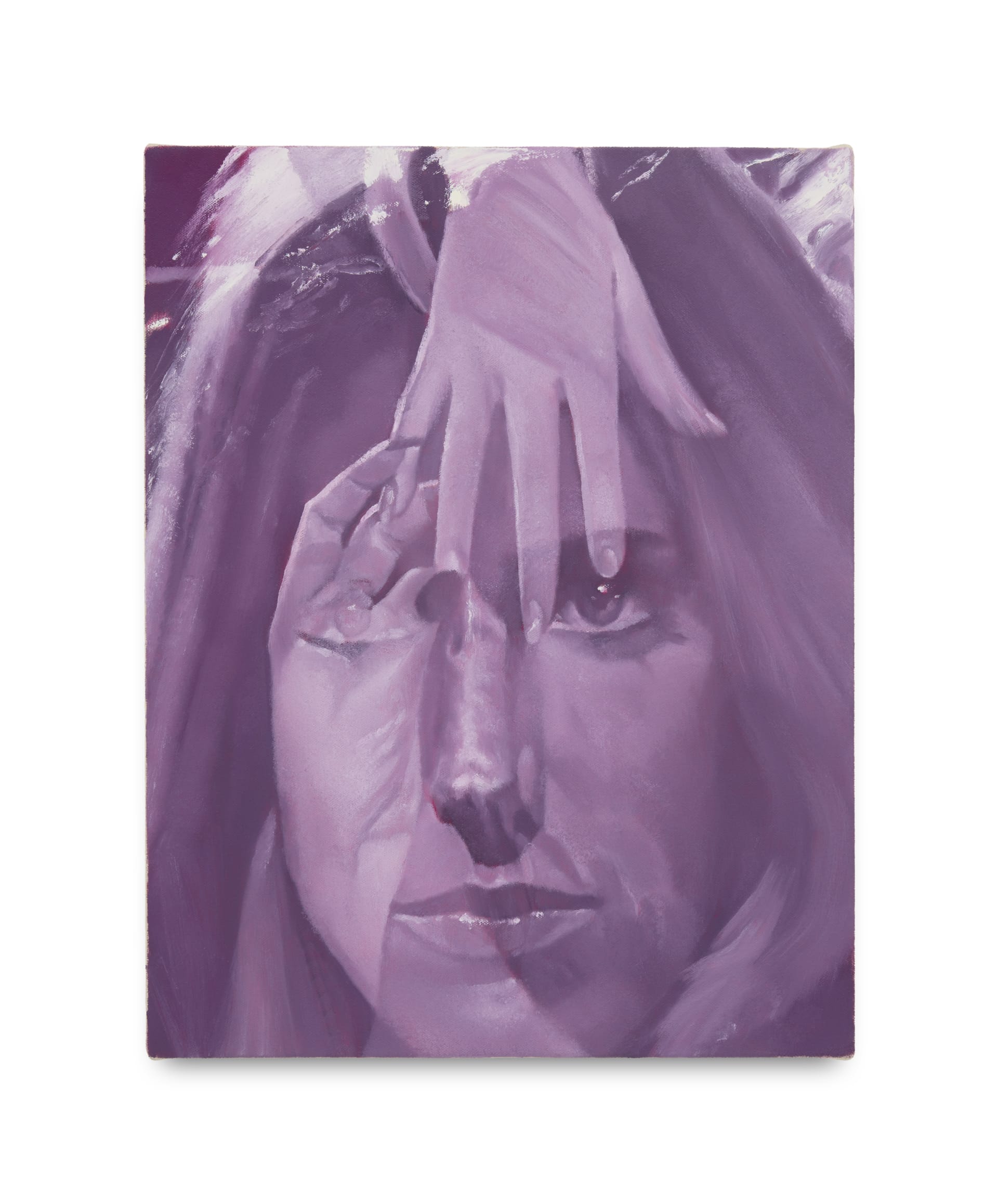 Small oil painting by Julia Maiuri. Two scenes superimposed on top of each other showing a portrait of a woman's head and two hands touching each other.