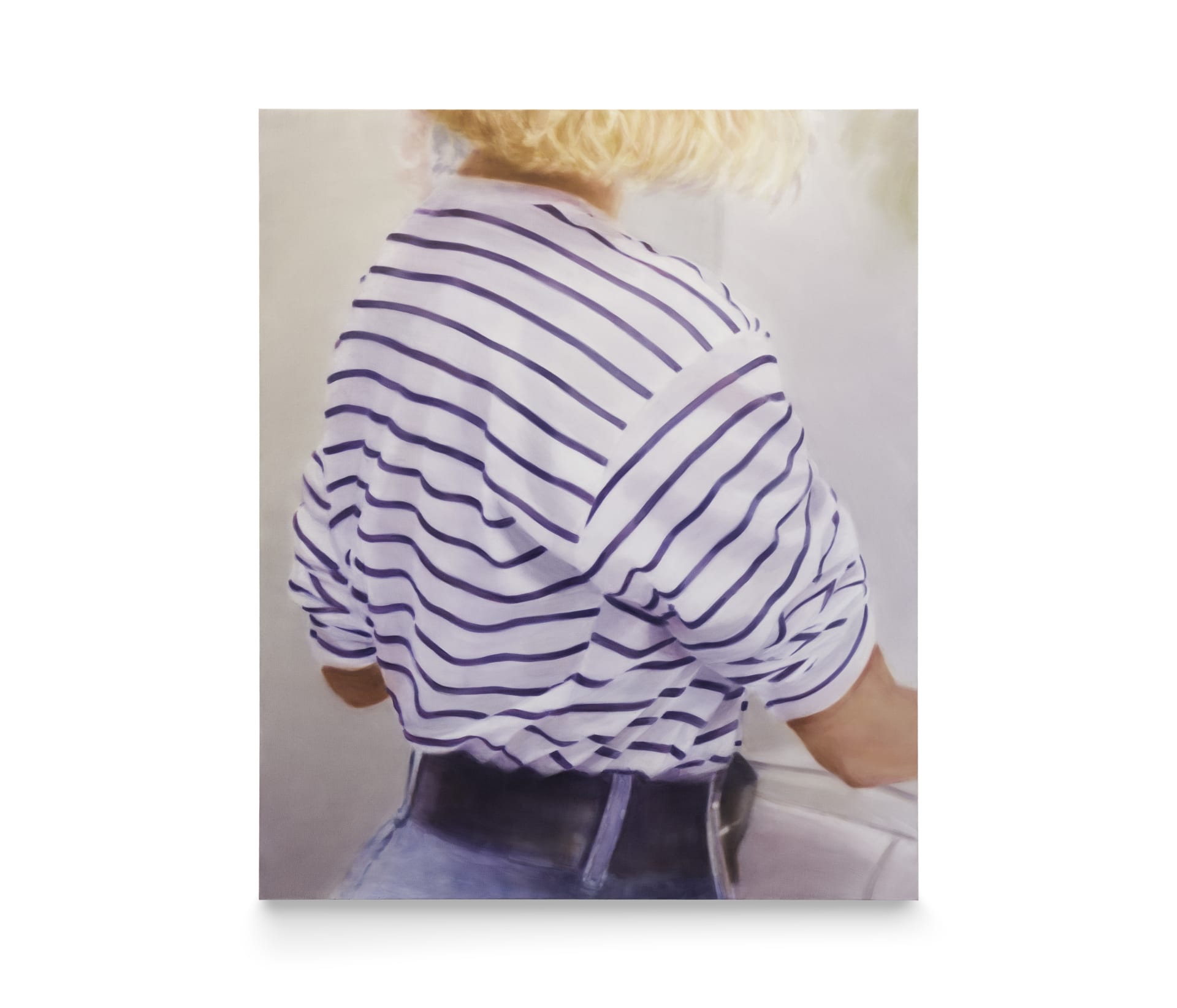 A painting by Rachel Lancaster of a woman wearing a blue and white striped shirt