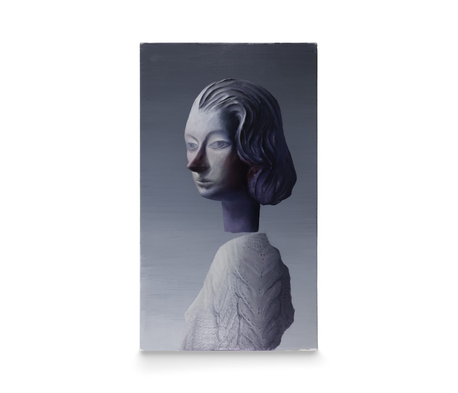 A painting by Damien Meade of a woman seemingly made of a clay like substance, her head floating above her body