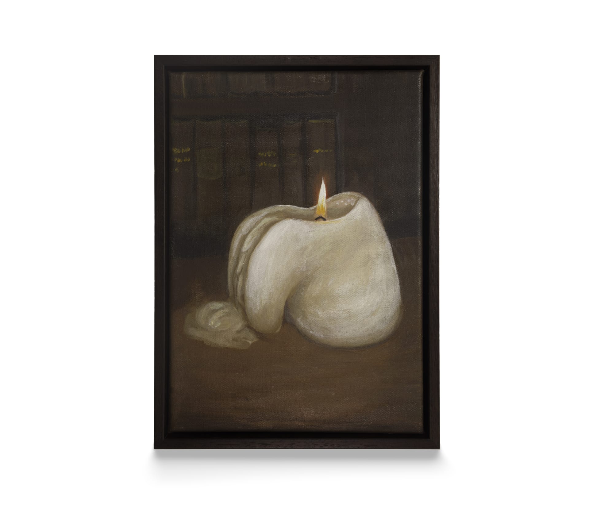 A painting by Maria Meyer of a melted candle in front of a row of old book spines