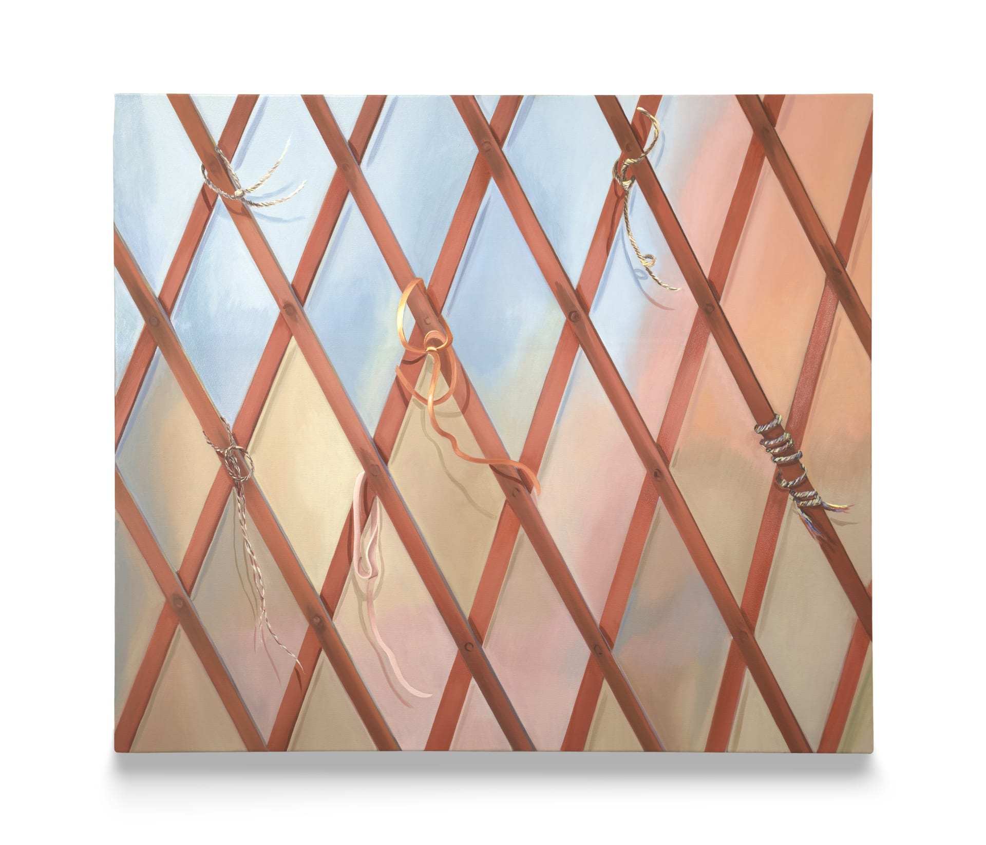 A painting by Sarah Poots of a red concertina gate with a number of colourful strings tied to it 