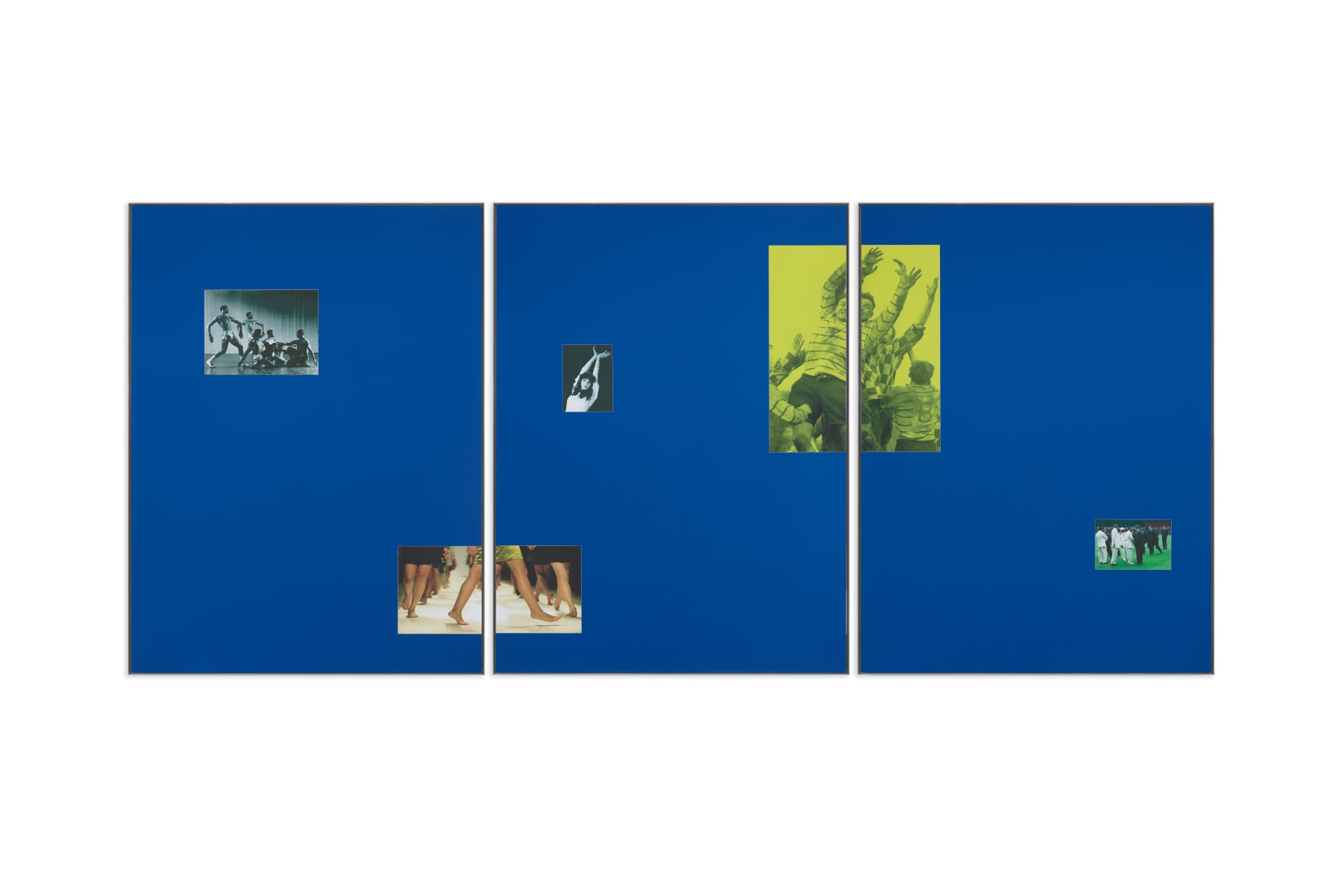 A triptych by Simeon barclay with collaged images on a bright blue background