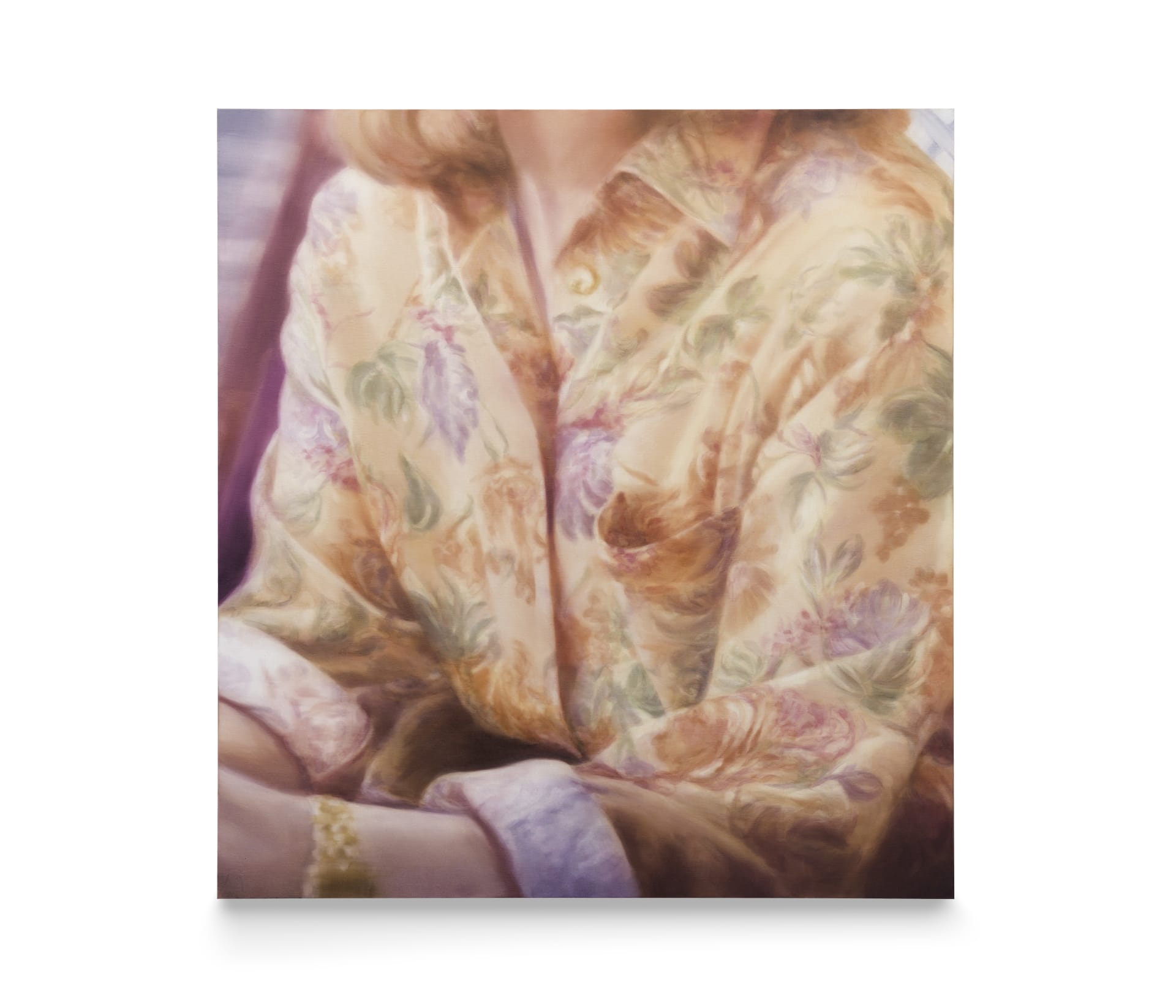 A painting by Rachel Lancaster of a cropped image of a person wearing a highly patterened floral shirt 