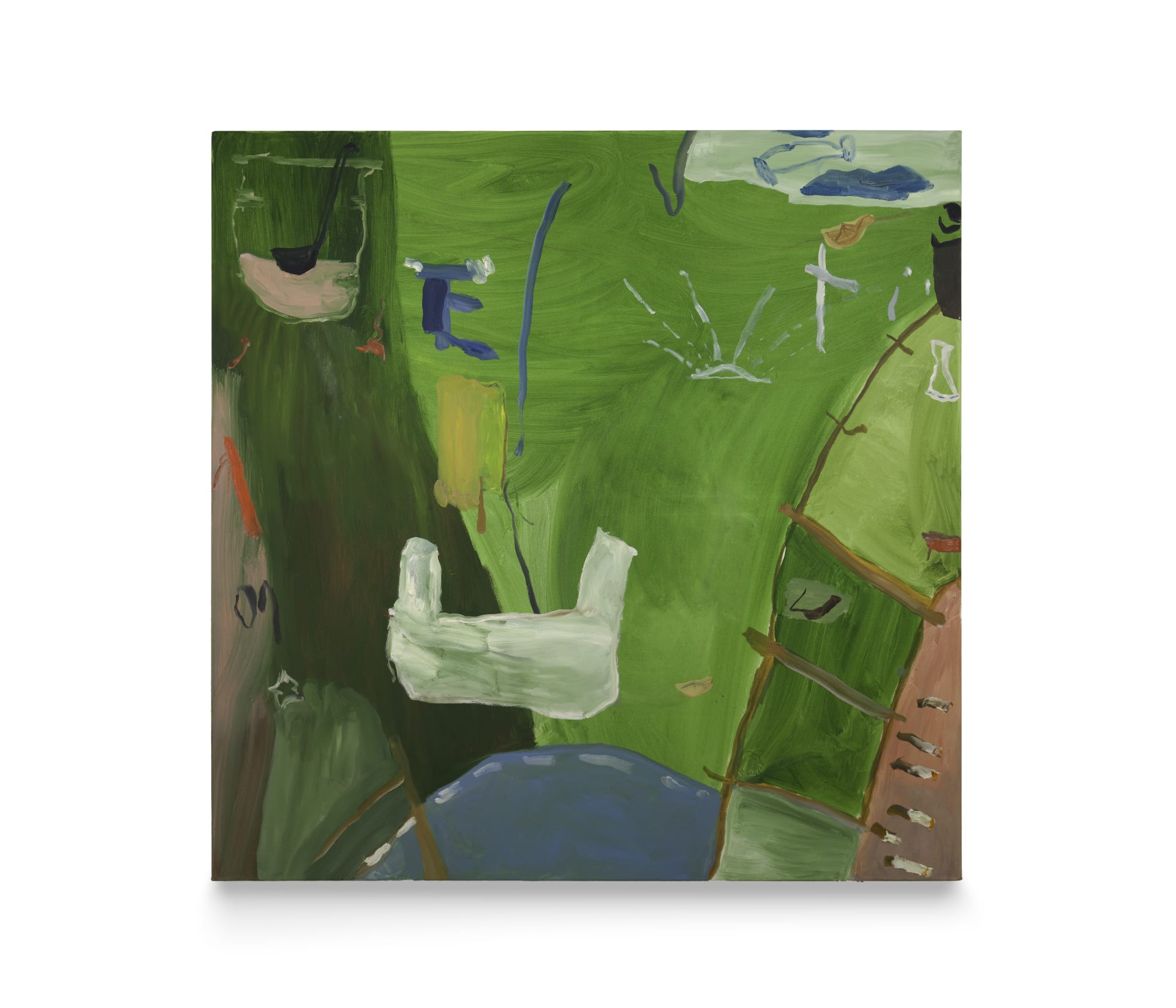 A painting by b chehayeb with various forms including gold stars against a white and blue abstract background