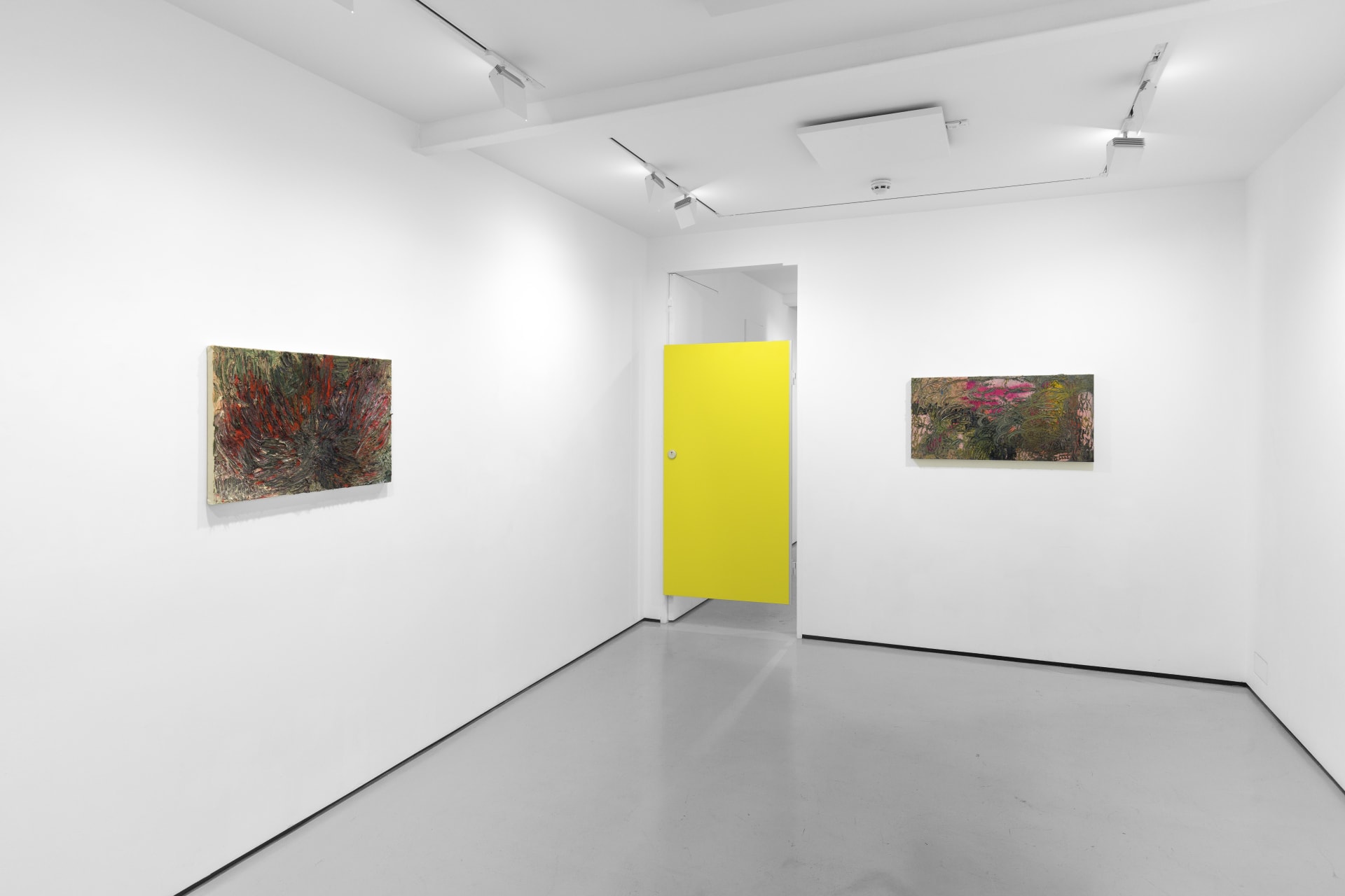 An installation view of James Cabaniuk's solo exhibition with two very large impasto oil paintings on the wall