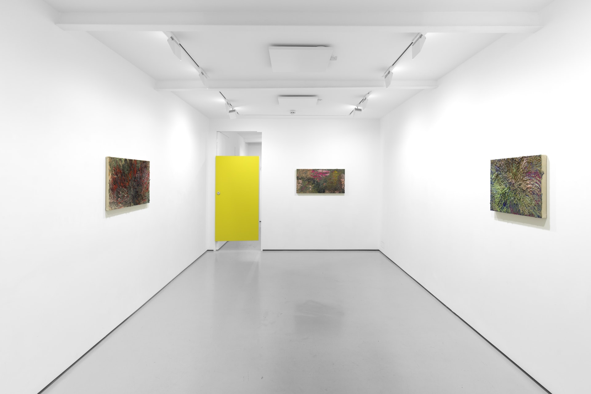 An installation view of James Cabaniuk's solo exhibition with two very large impasto oil paintings on the wall