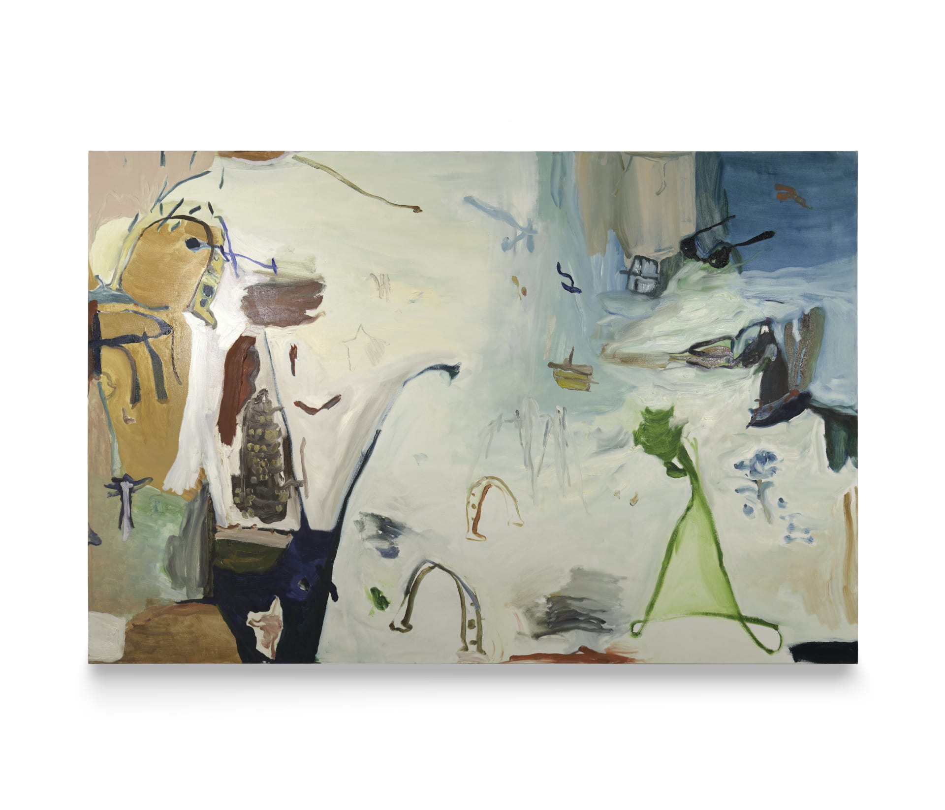 A painting by b chehayeb with various forms including sunglasses, horseshoes and a figure against a white and blue abstract background