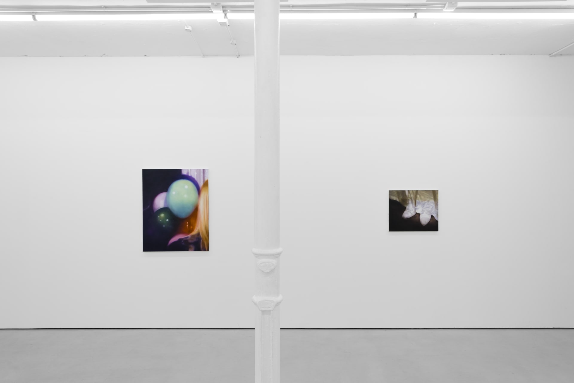 Rachel Lancaster's medium scale oil paintings of domestic objects from cinema are hung in a spacious white gallery space