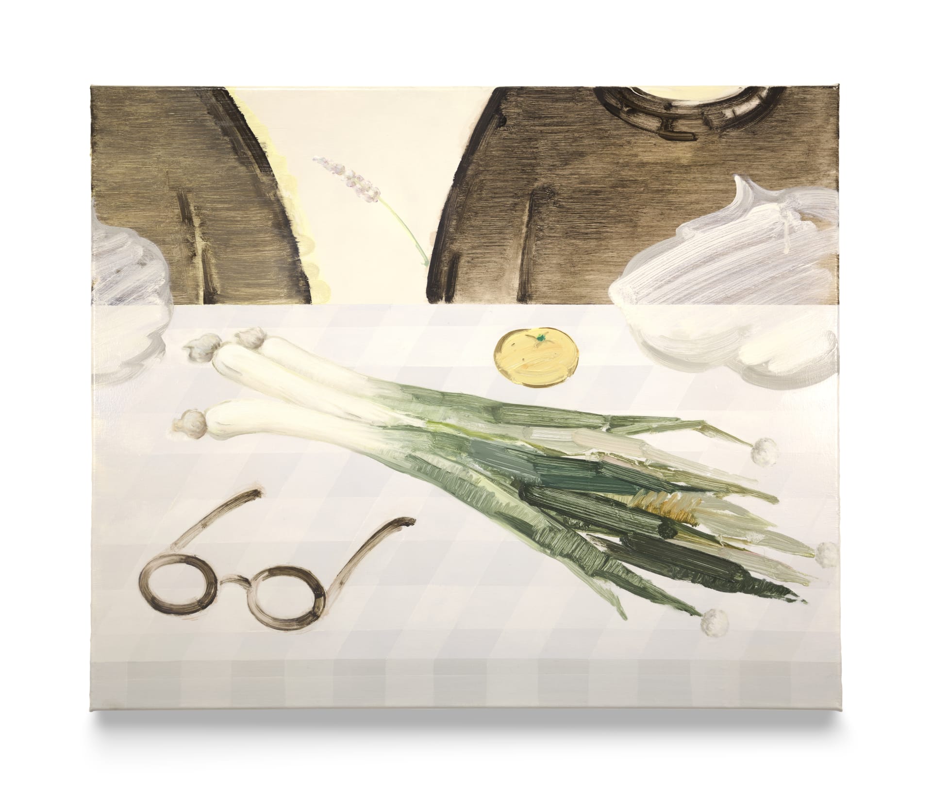 A painting by Sooim Jeong of a satsuma, leeks and a pair of glasses on a table in front of 2 figures