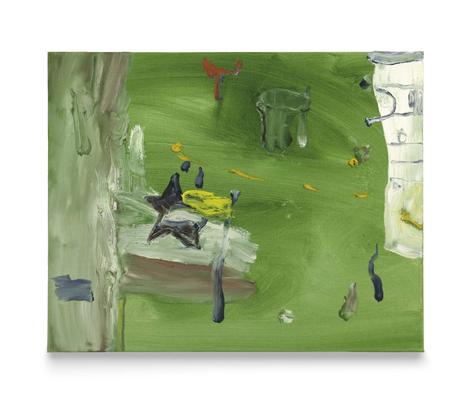 A painting by b chehayeb of a various gestural forms and a black star against a green background