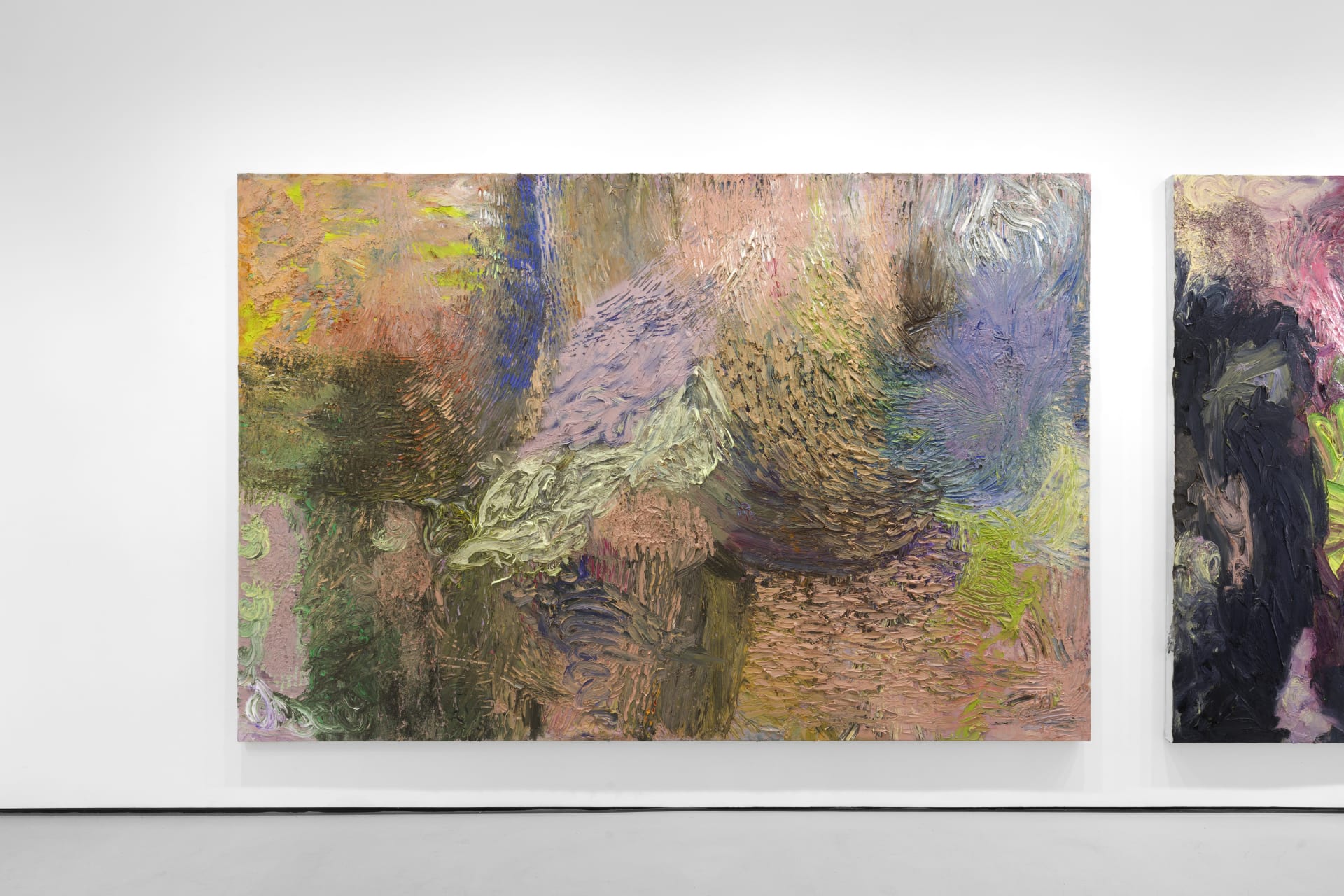 An installation view of James Cabaniuk's solo exhibition with two very large impasto oil paintings on the wall