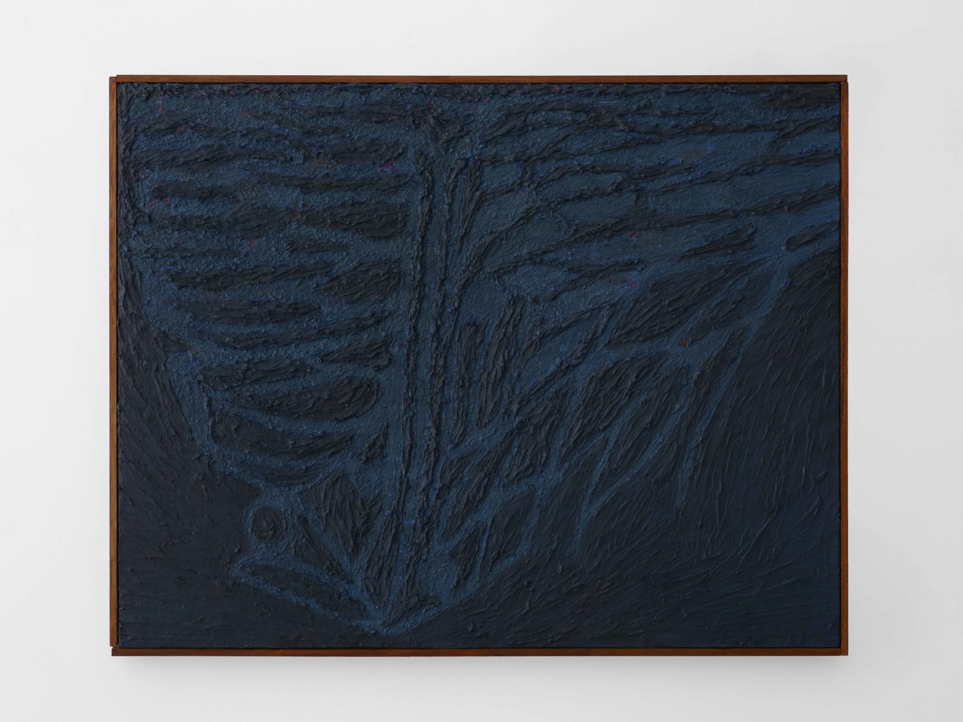 Medium acrylic/oil painting by James Collins. Dark blue oil paint on canvas, with a textural organic quality.