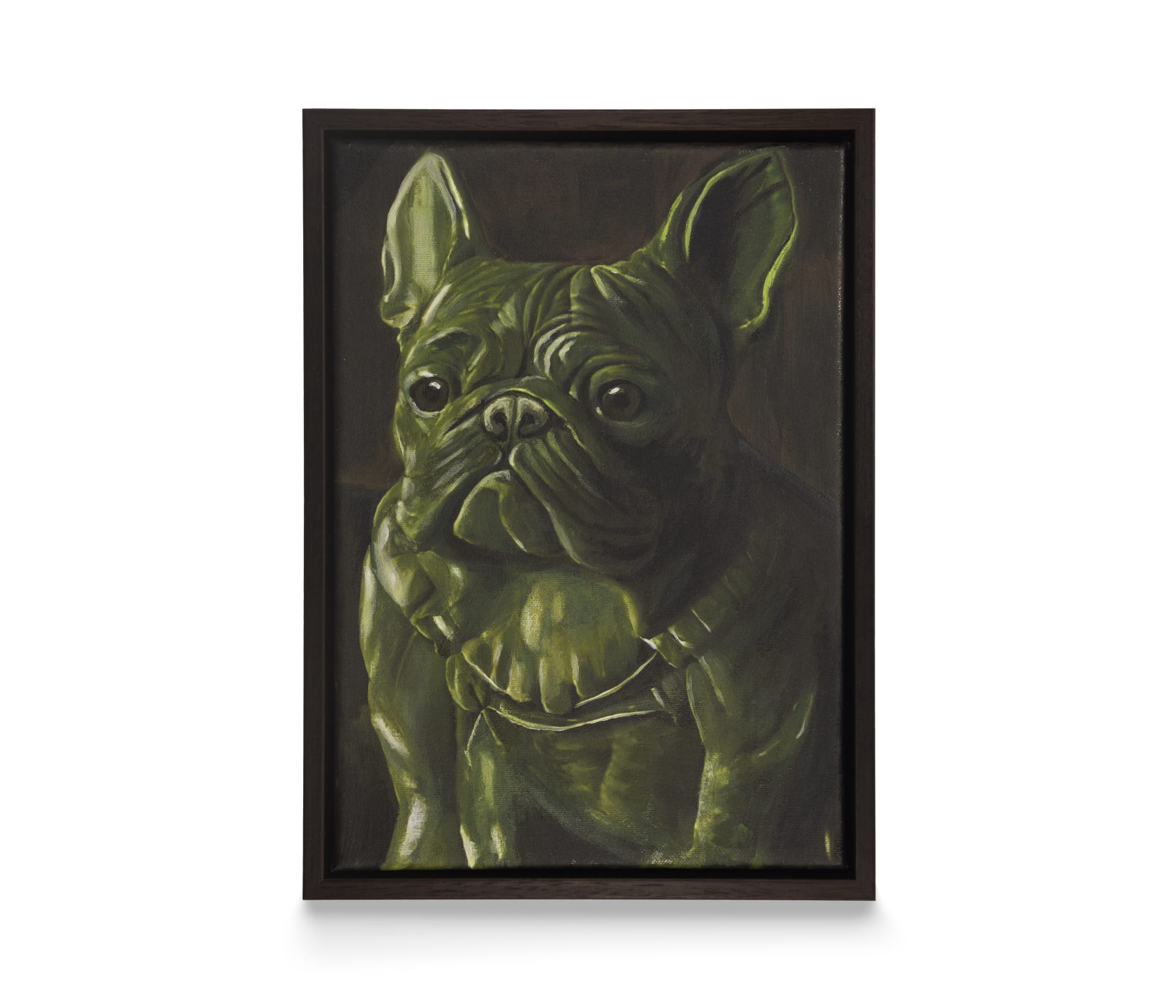 A painting by Maria Meyer of a jade coloured french bulldog against a dark background