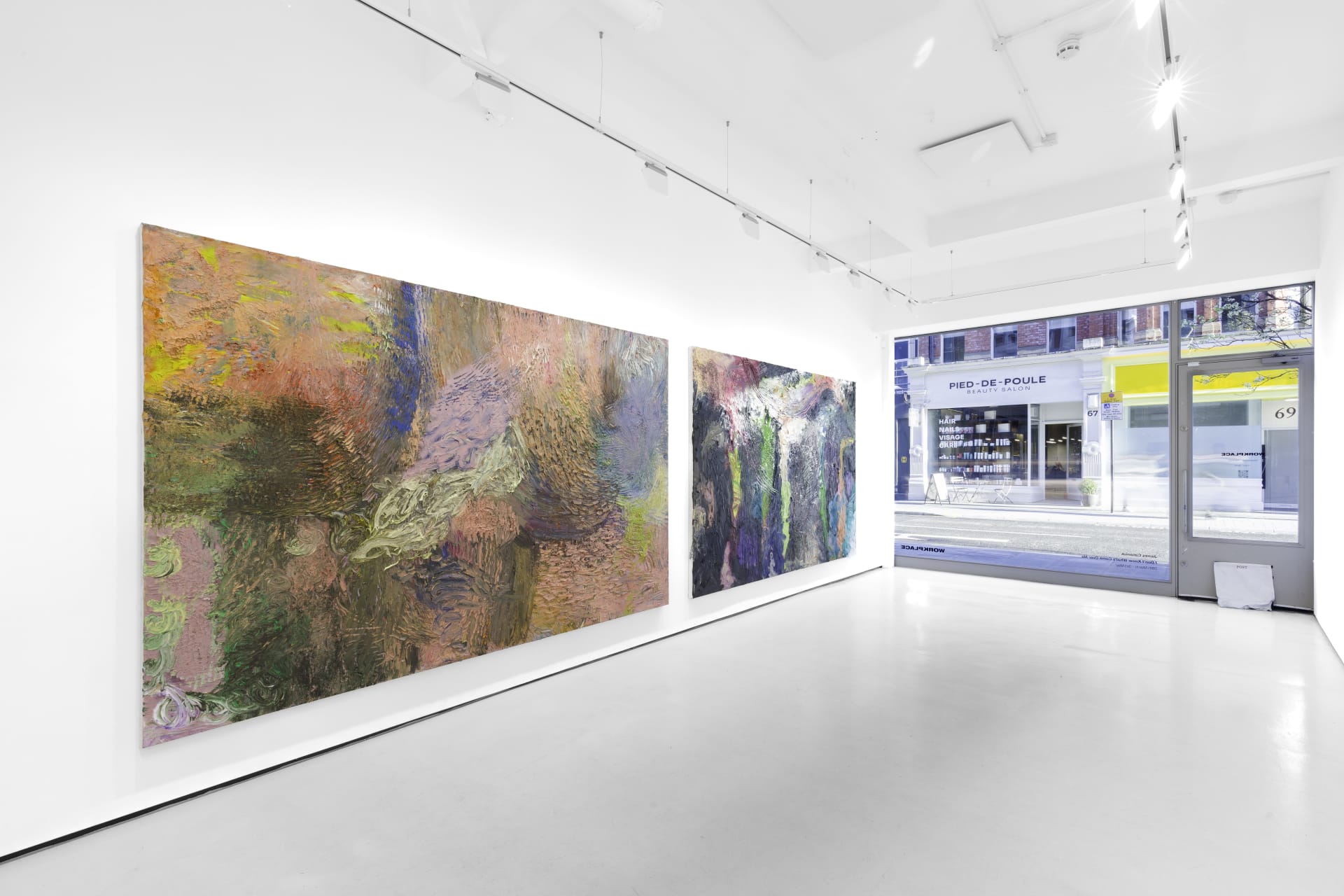 An installation view of James Cabaniuk's solo exhibition with two very large impasto oil paintings on the wall