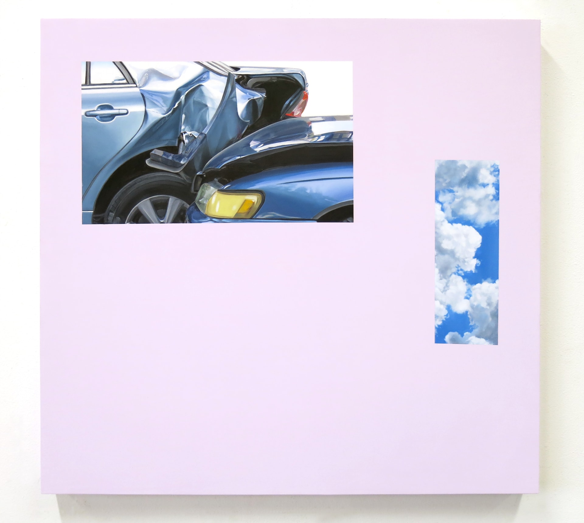 A painting by Meredith sellers of a cropped section of a car crash and a blue cloudy sky on a pink background