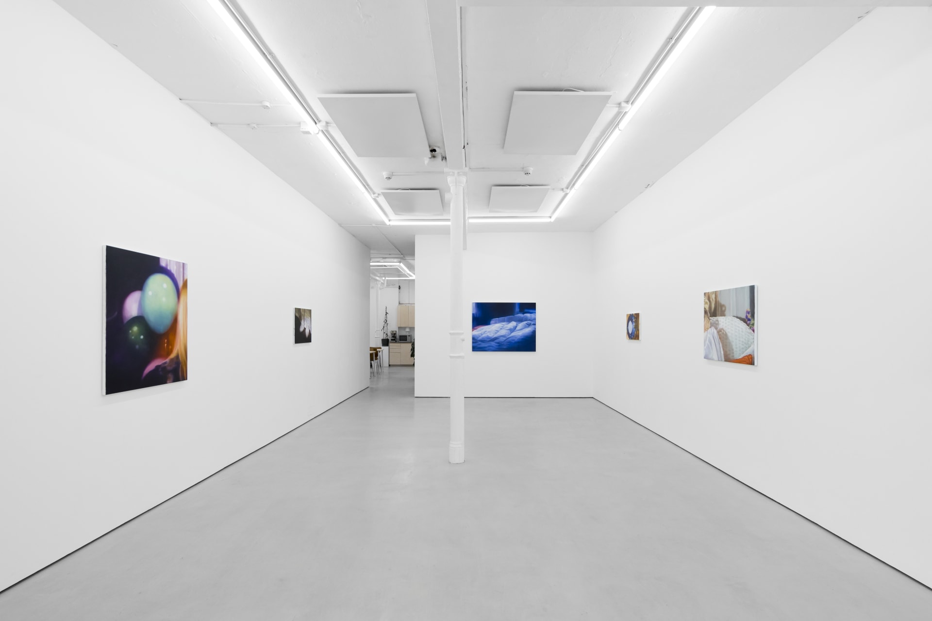 Rachel Lancaster's medium scale oil paintings of domestic objects from cinema are hung in a spacious white gallery space