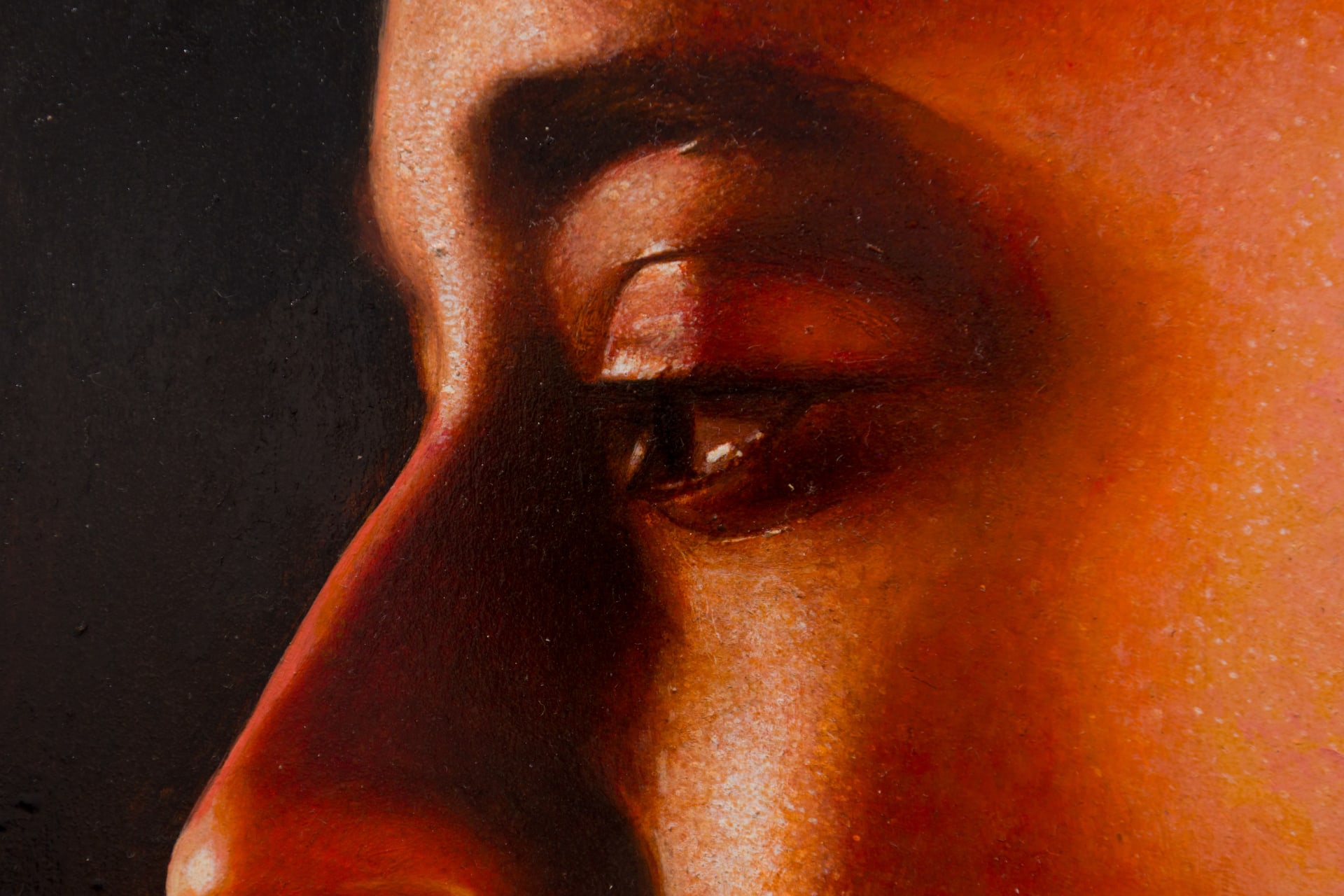 A painting by Ki Yoong of the side profile of a young man's face in a steel frame
