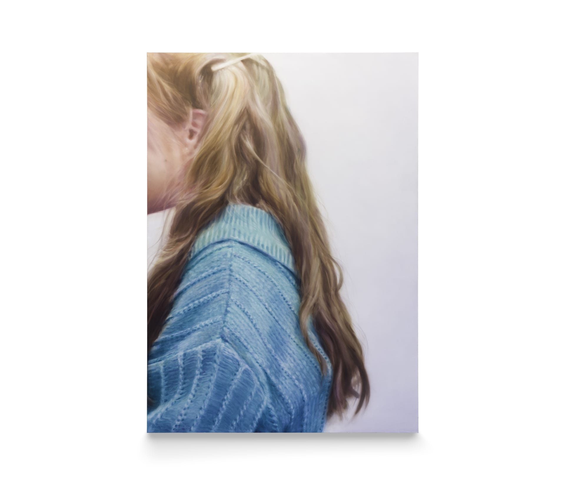 A painting by Rachel Lancaster of a woman wearing a blue jumper