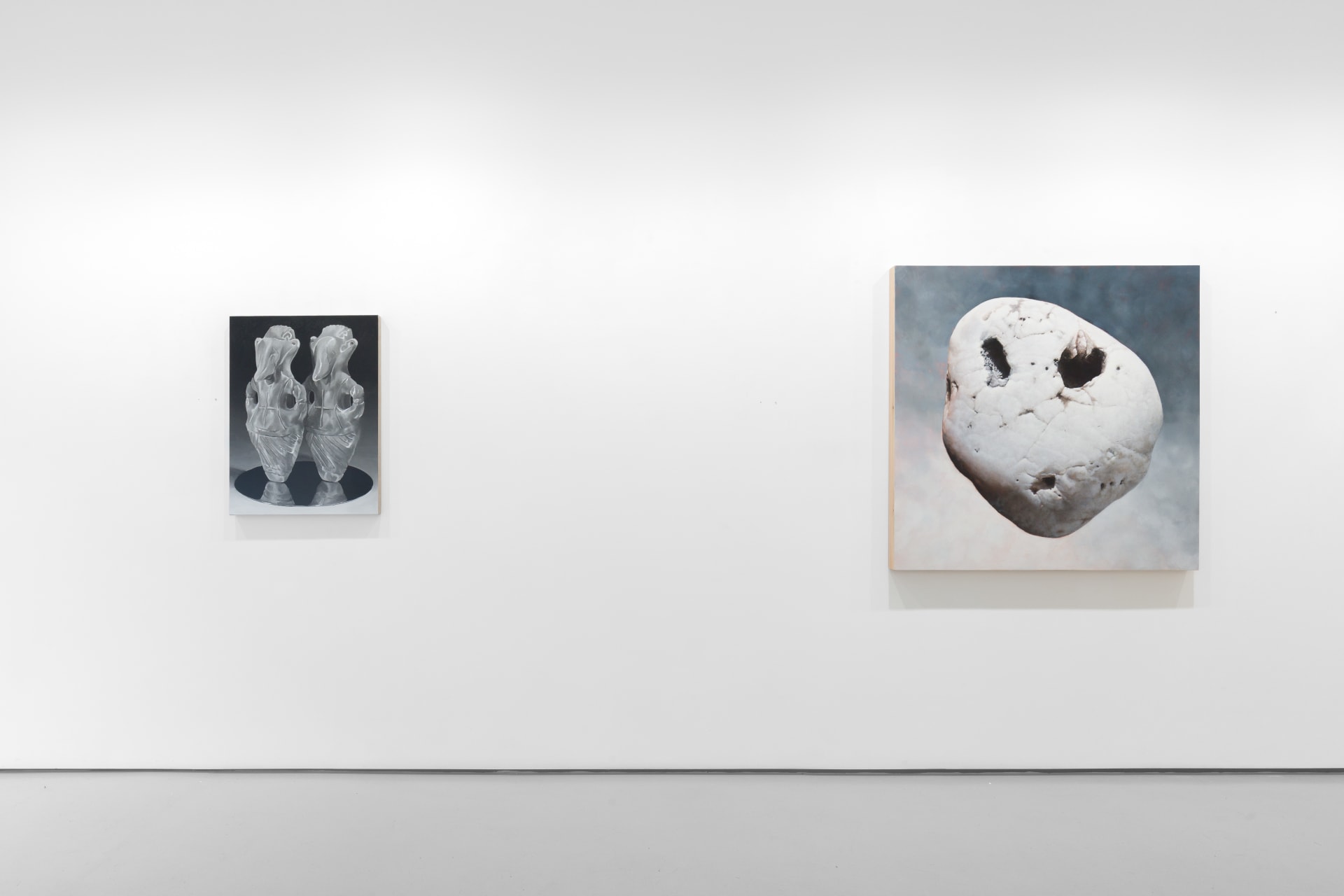 Installation view of the group exhibition Cold Feed at Workplace London including paintings and floor based sculpture