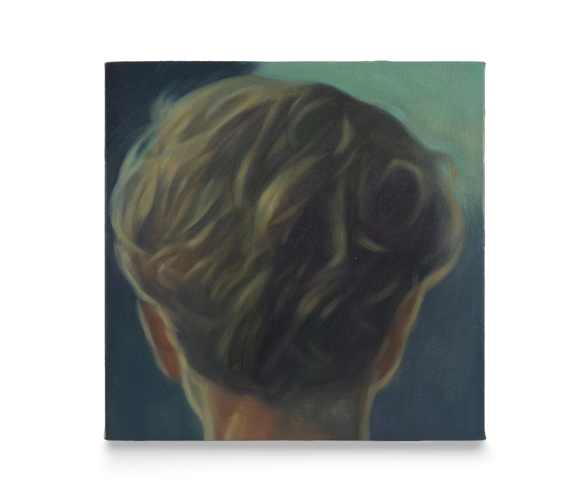 A painting by Pei Wang of the back of a person's head against a dark green background