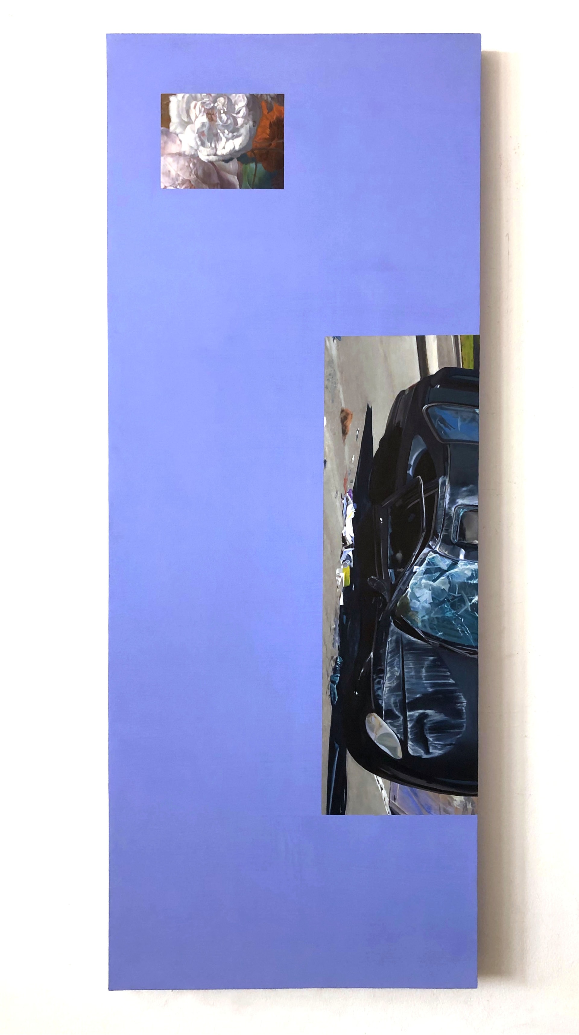 A painting by Meredith sellers of a cropped section of a car crash against a blue background