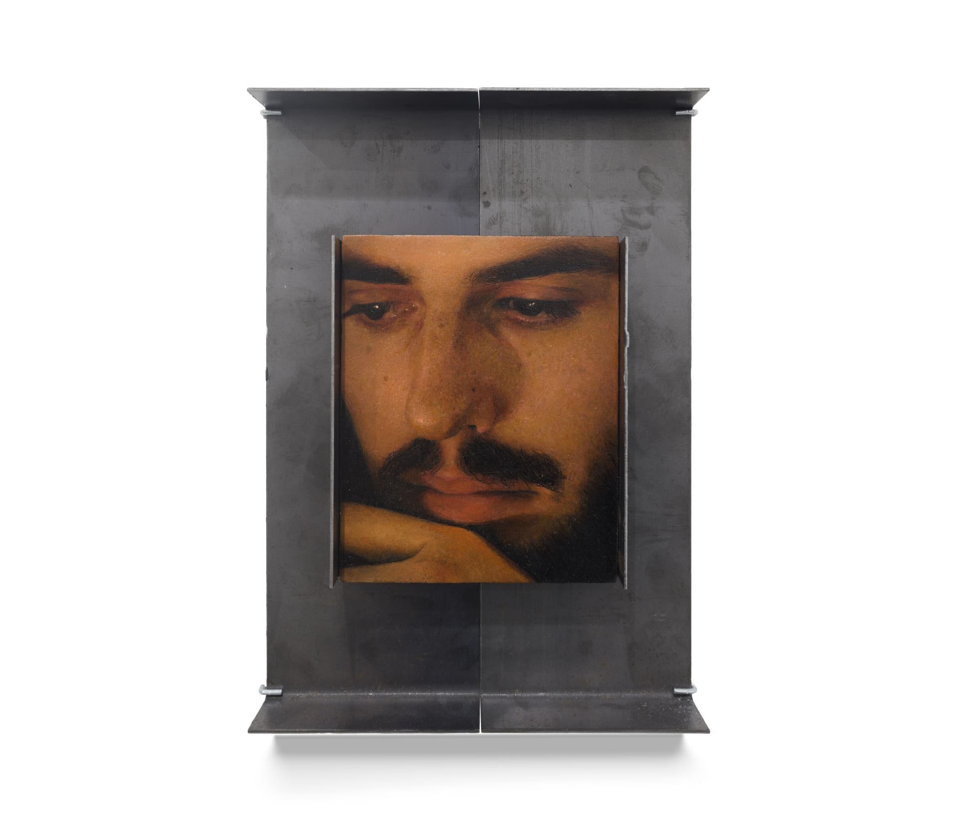 A painting by Ki Yoong of the closeup of a man's face in a metal frame