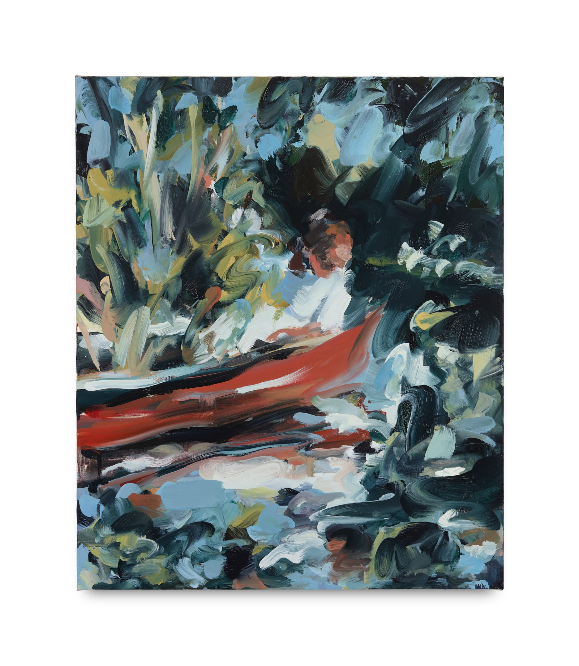 A painting by Laura Lancaster of a figure sat in a red boat on a lake