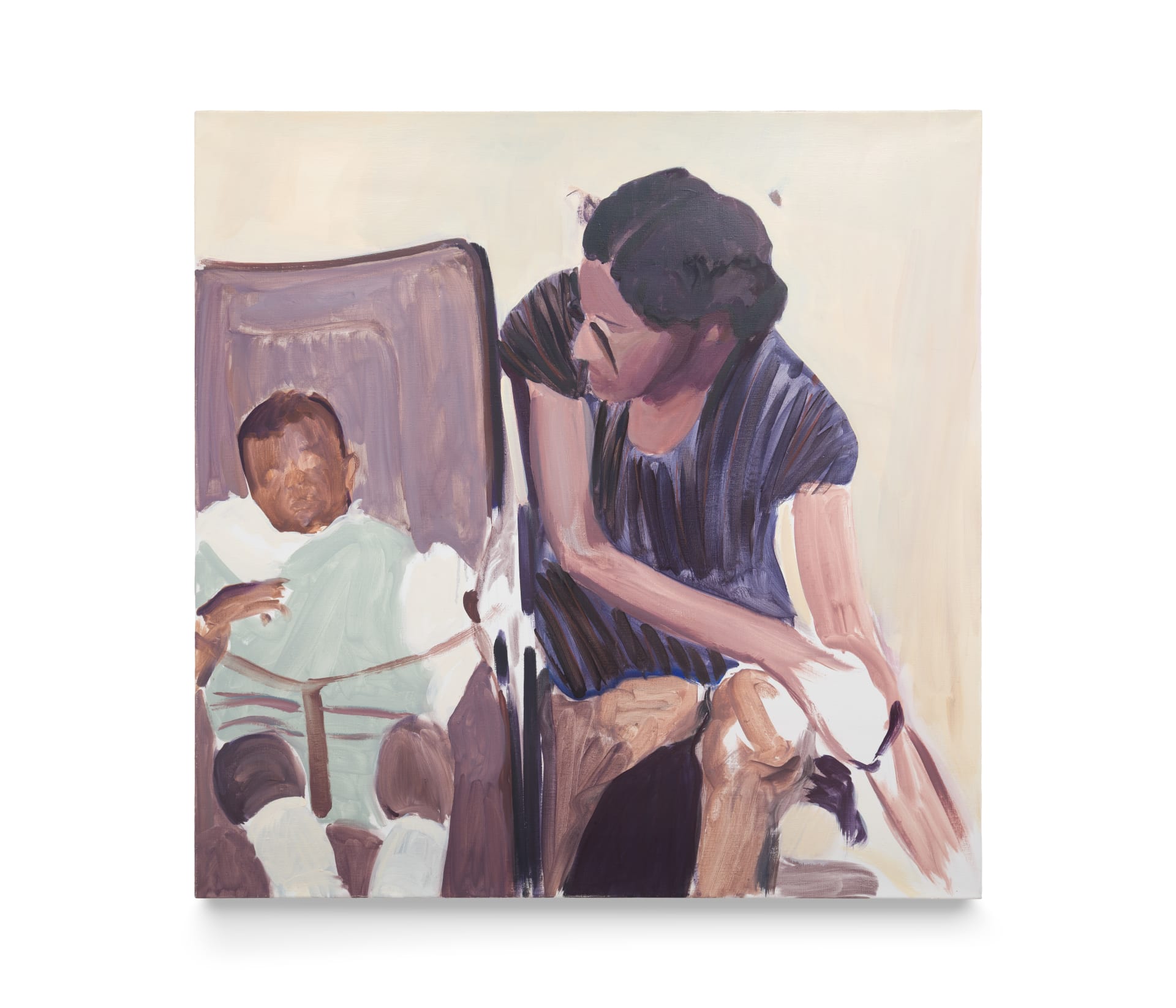 A painting of a small child and a young woman sitting to the right looking back at the child by Remi Ajani