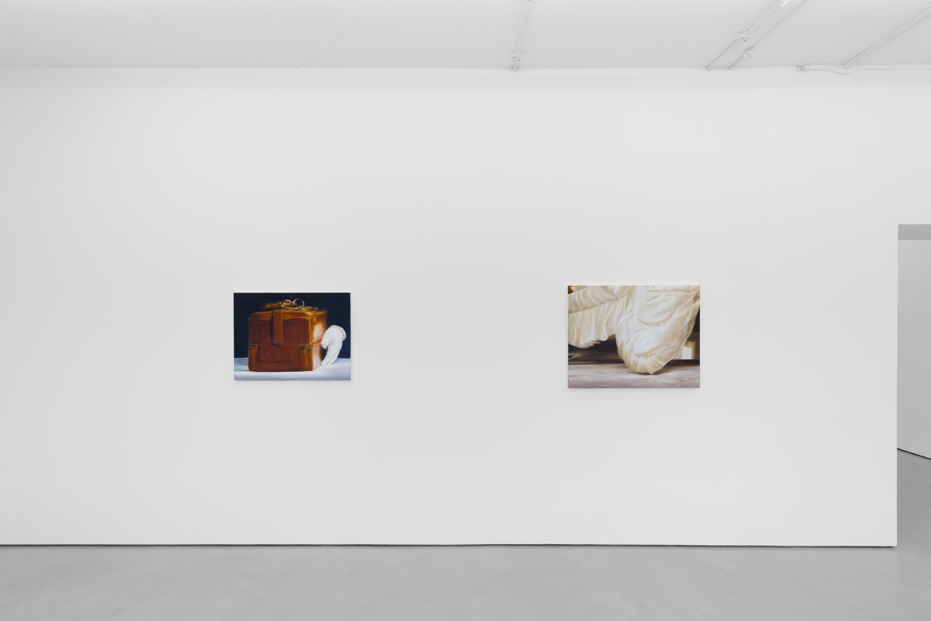 Rachel Lancaster's medium scale oil paintings of domestic objects from cinema are hung in a spacious white gallery space