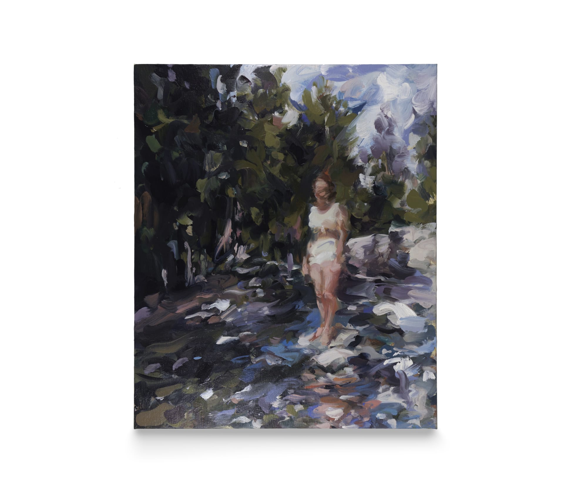 A painting by Laura Lancaster of a young woman stood in a river