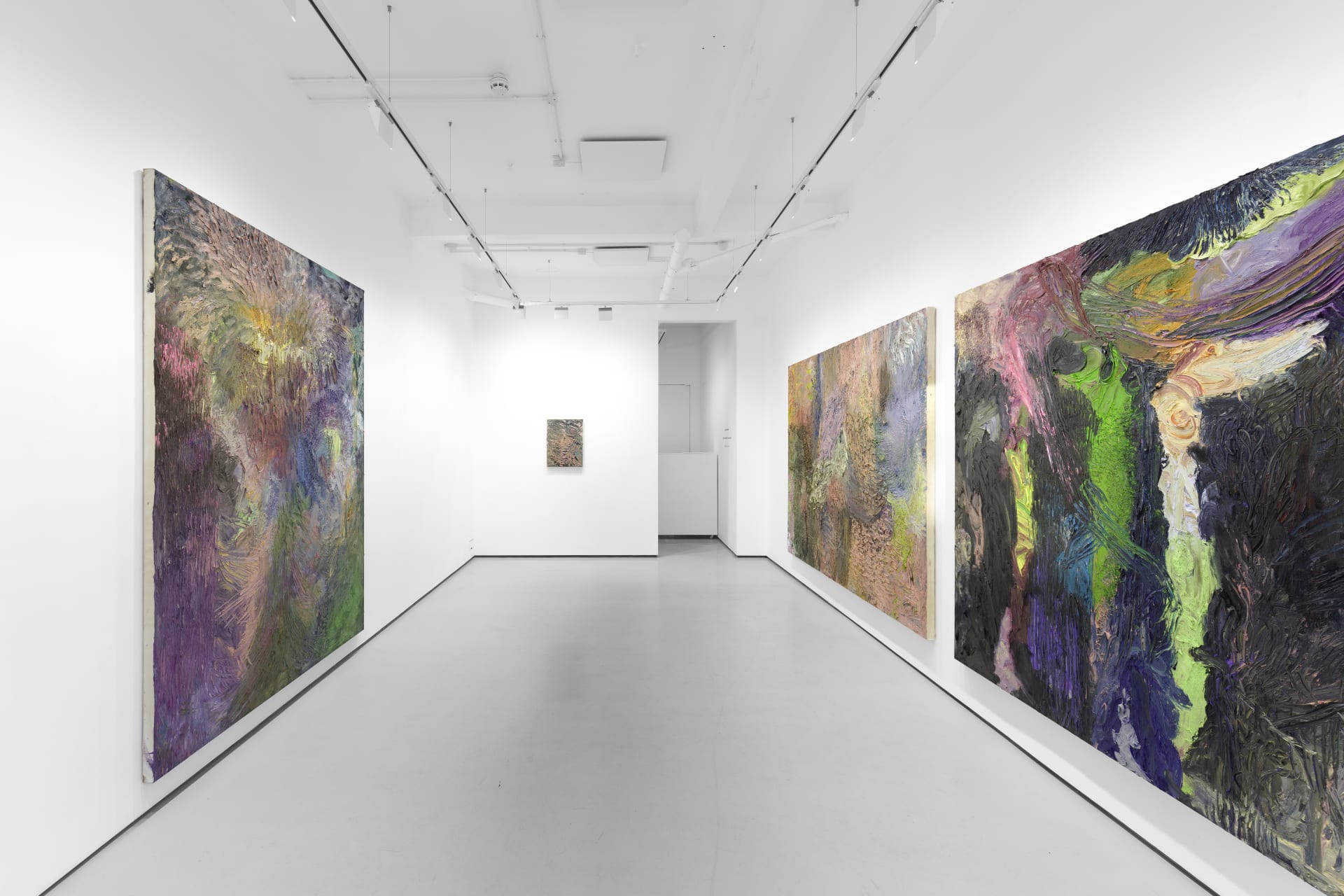 An installation view of James Cabaniuk's solo exhibition with two very large impasto oil paintings on the wall