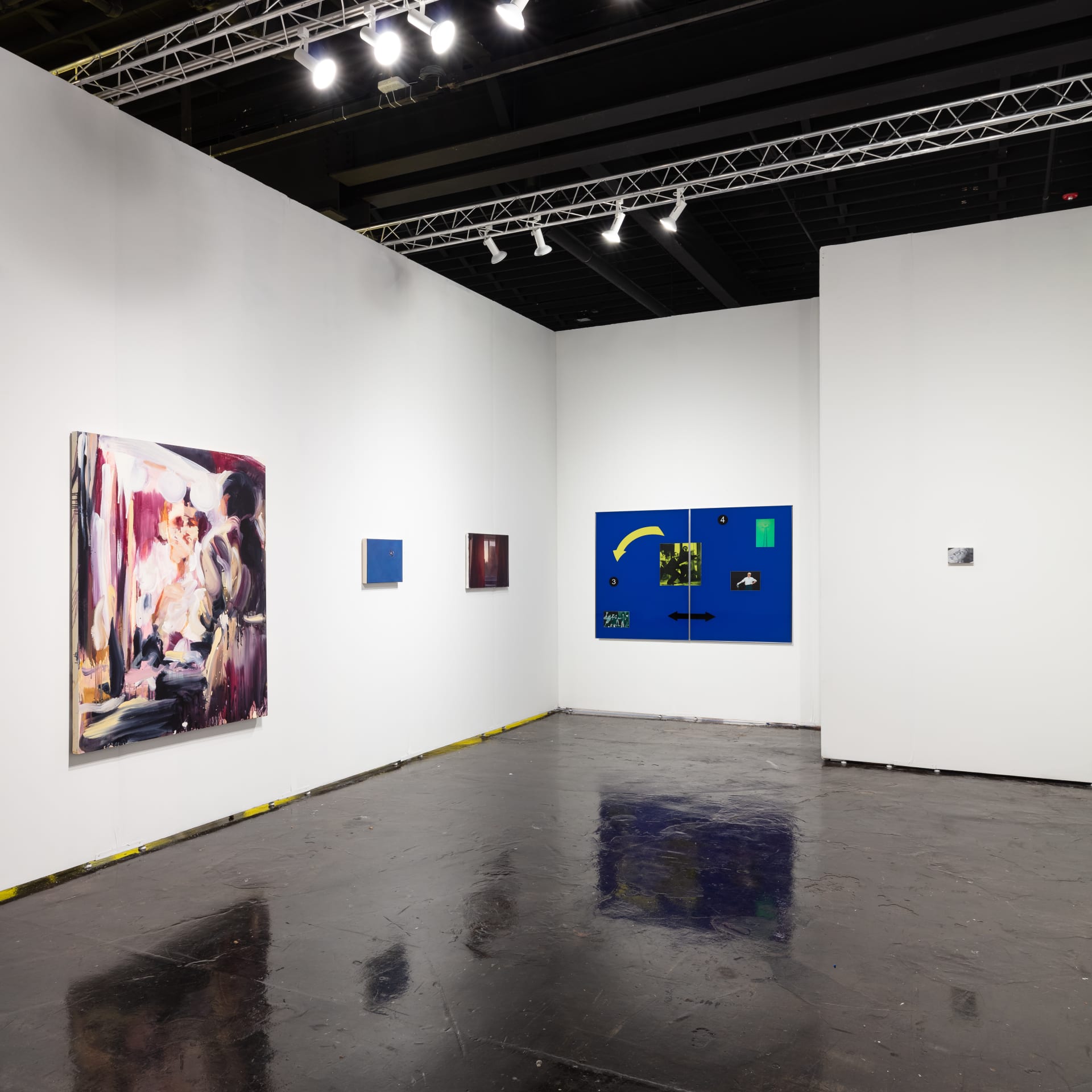 Workplace's booth at Nada Miami 2022. White walls with artworks by James Prapaithong, Simeon Barclay, Cristian Avram, Laura Lancaster, Julia Maiuri and Miko Veldkamp.